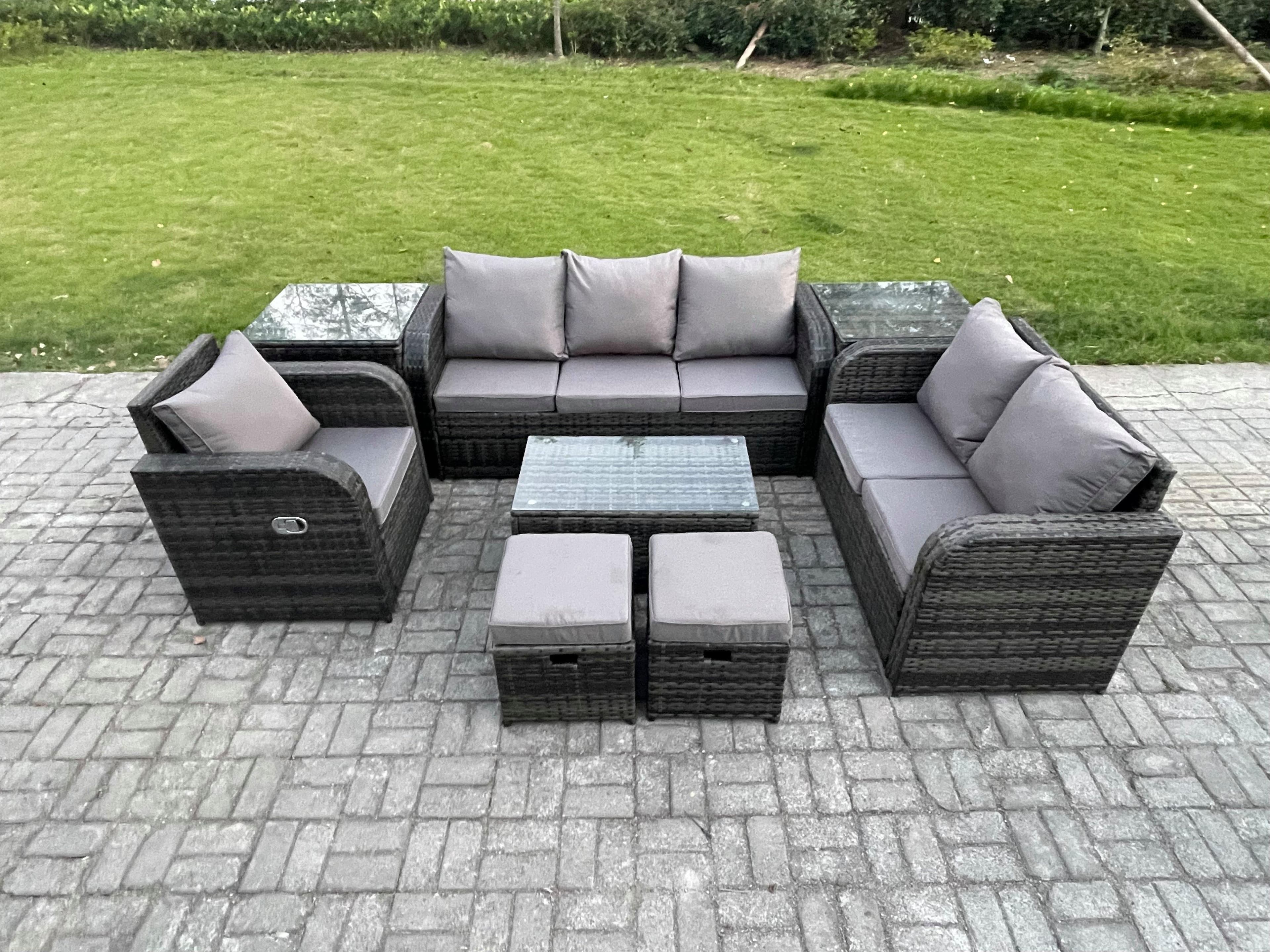 Outdoor Garden Furniture Sets 8 Pieces Wicker Rattan Furniture Sofa Sets Rectangular Coffee Table Loveseat Sofa 2 Small Footstools