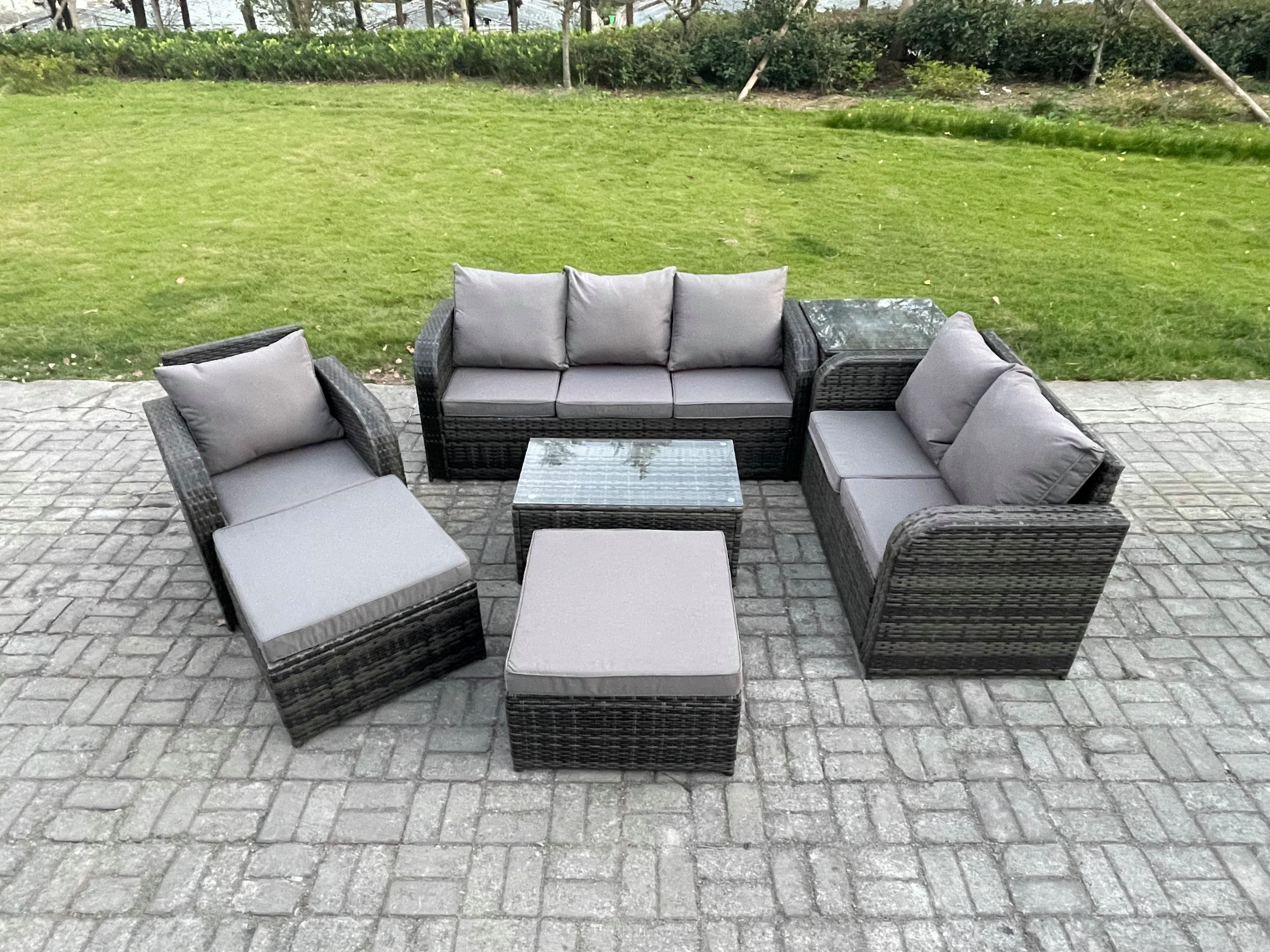 Outdoor Garden Furniture Sets 7 Pieces Wicker Rattan Furniture Sofa Sets Rectangular Coffee Table Loveseat Sofa 2 Big Footstool Side Table
