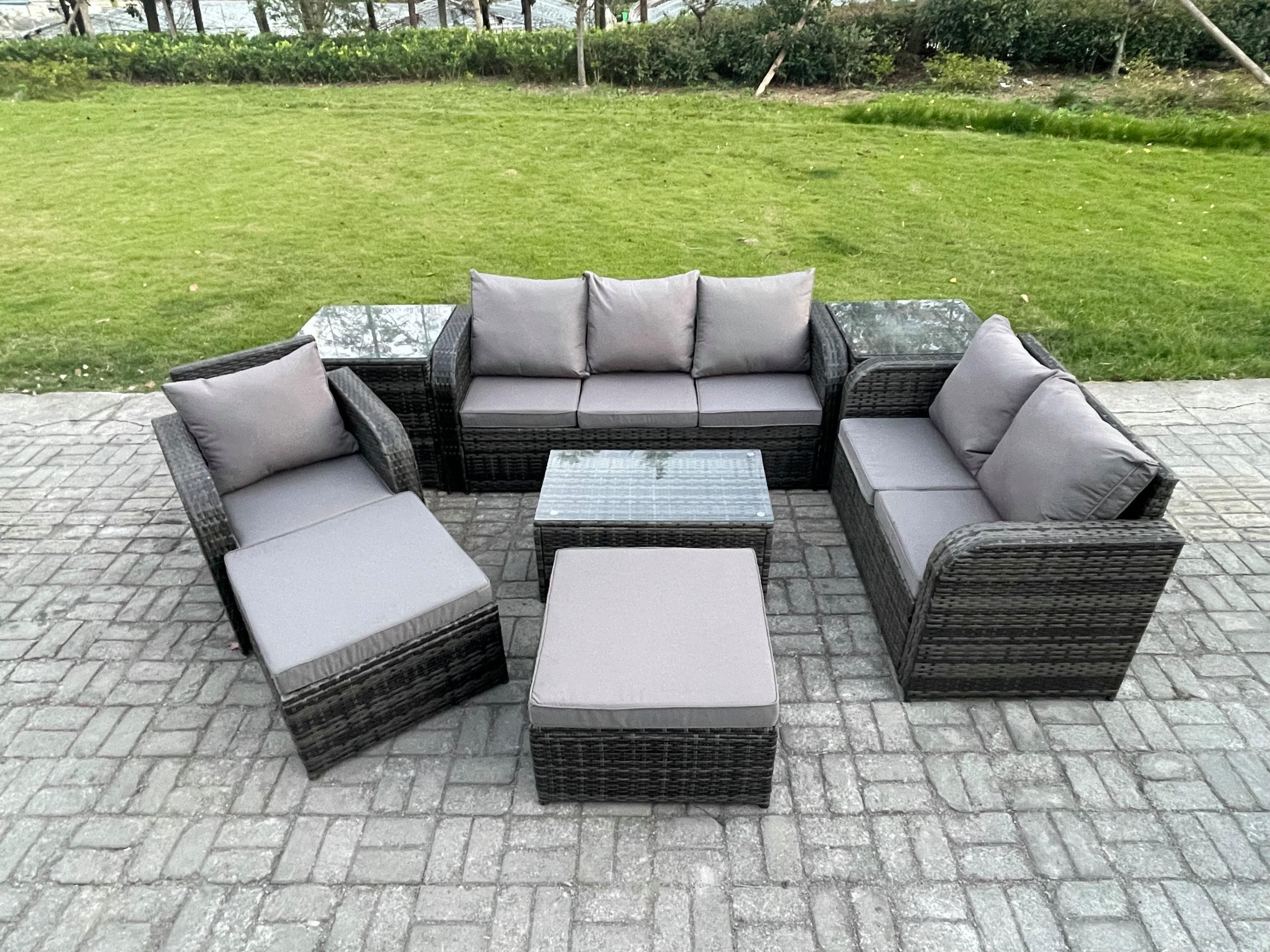 Outdoor Garden Furniture Sets 8 Pieces Wicker Rattan Furniture Sofa Sets Rectangular Coffee Table Loveseat Sofa Footstool 2 Side Tables