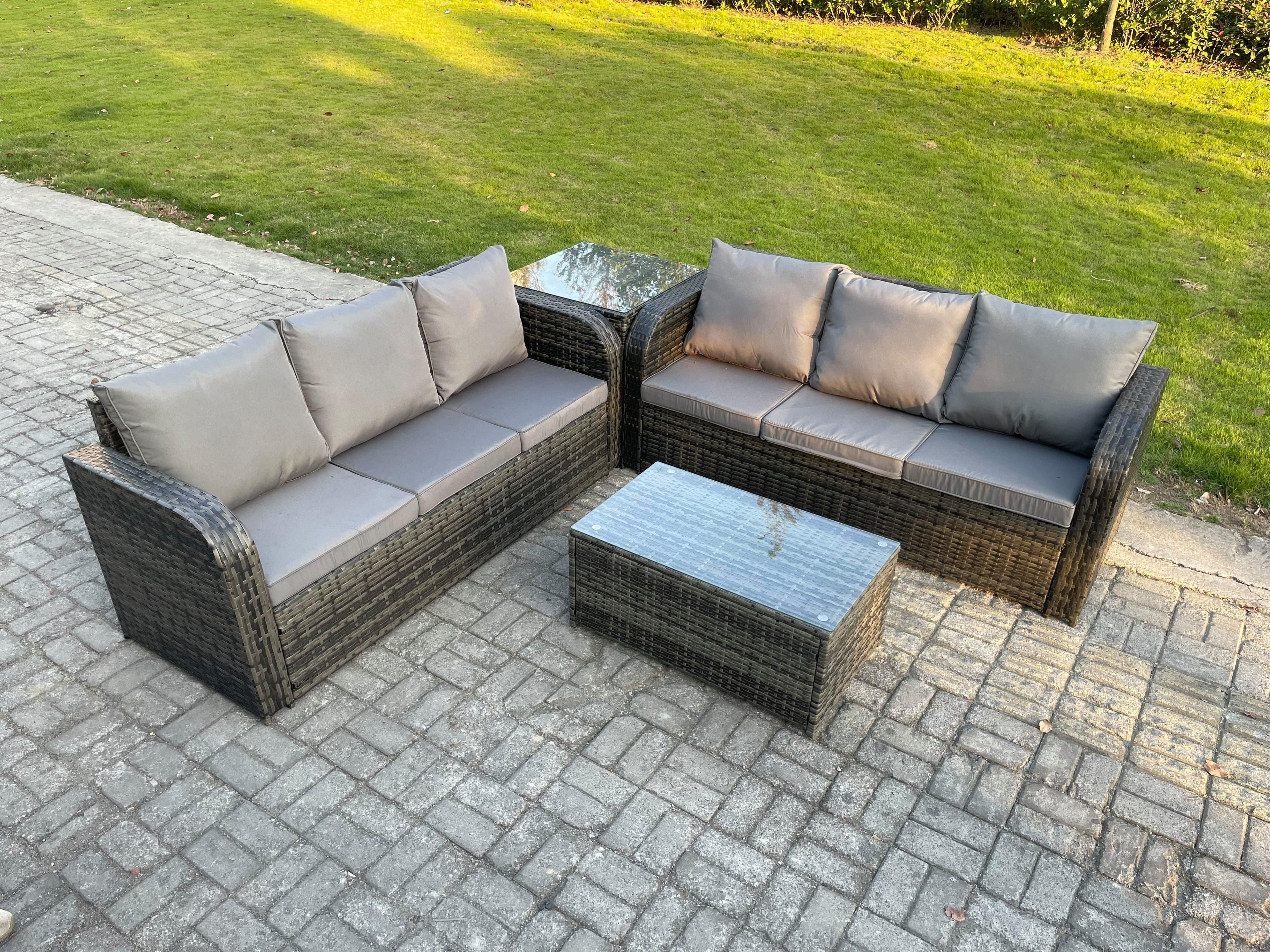 Outdoor Garden Furniture Sets 6 Seater Wicker Rattan Furniture Sofa Sets Rectangular Coffee Table 3 Seater Sofa Side Table
