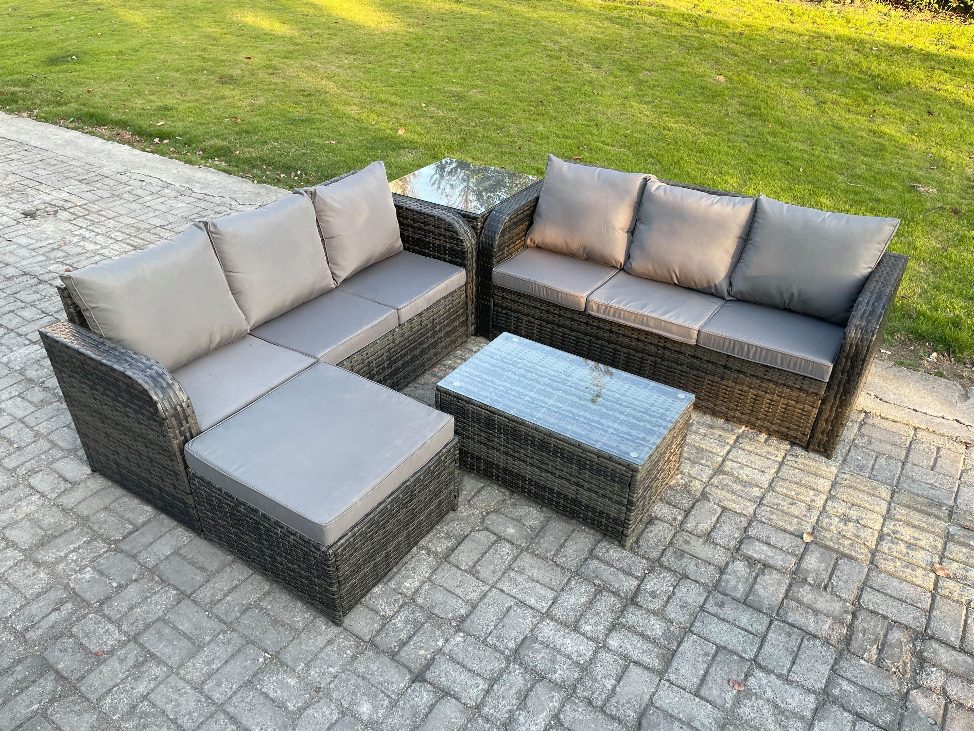 Outdoor Garden Furniture Sets 7 Seater Wicker Rattan Furniture Sofa Sets Rectangular Coffee Table 3 Seater Sofa Side Table