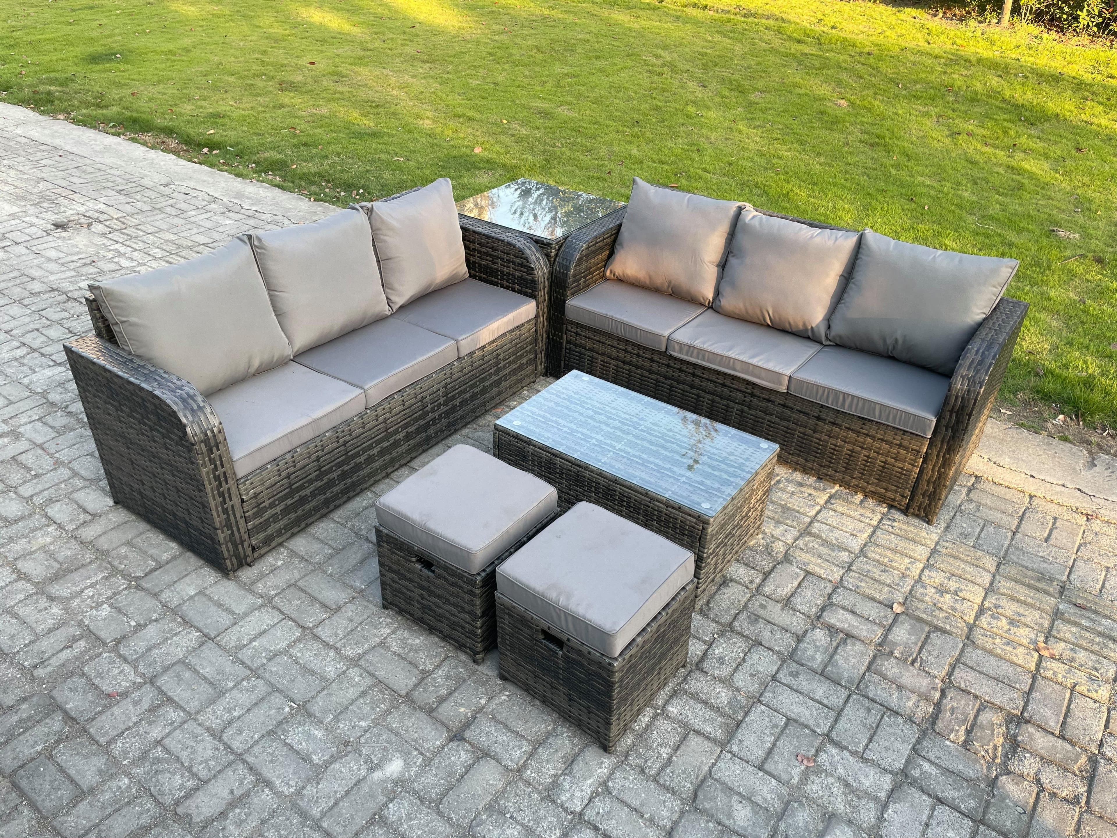 Outdoor Garden Furniture Sets 8 Seater Wicker Rattan Furniture Sofa Sets Rectangular Coffee Table 3 Seater Sofa Side Table Footstools