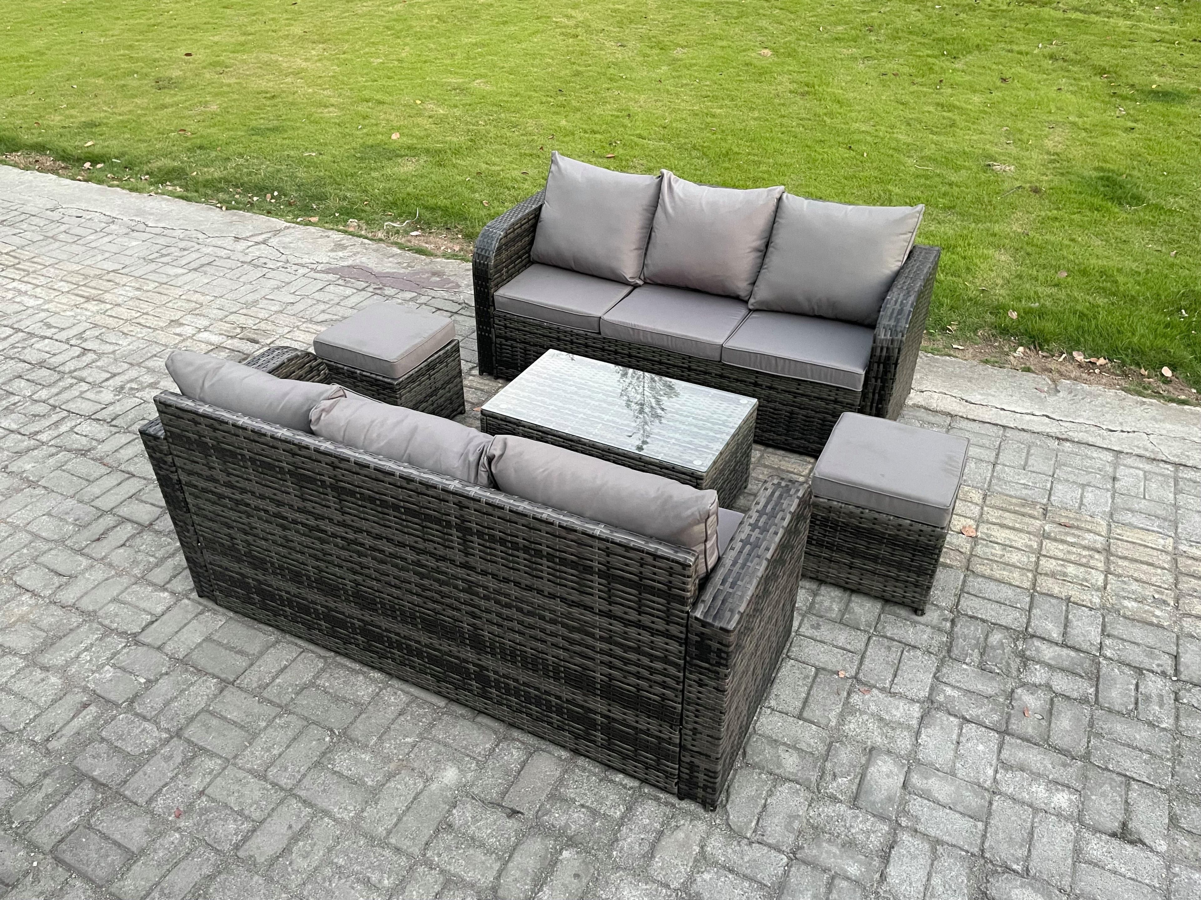 Outdoor Garden Furniture Sets 8 Seater Wicker Rattan Furniture Sofa Sets Rectangular Coffee Table 3 Seater Sofa 2 Small Footstools
