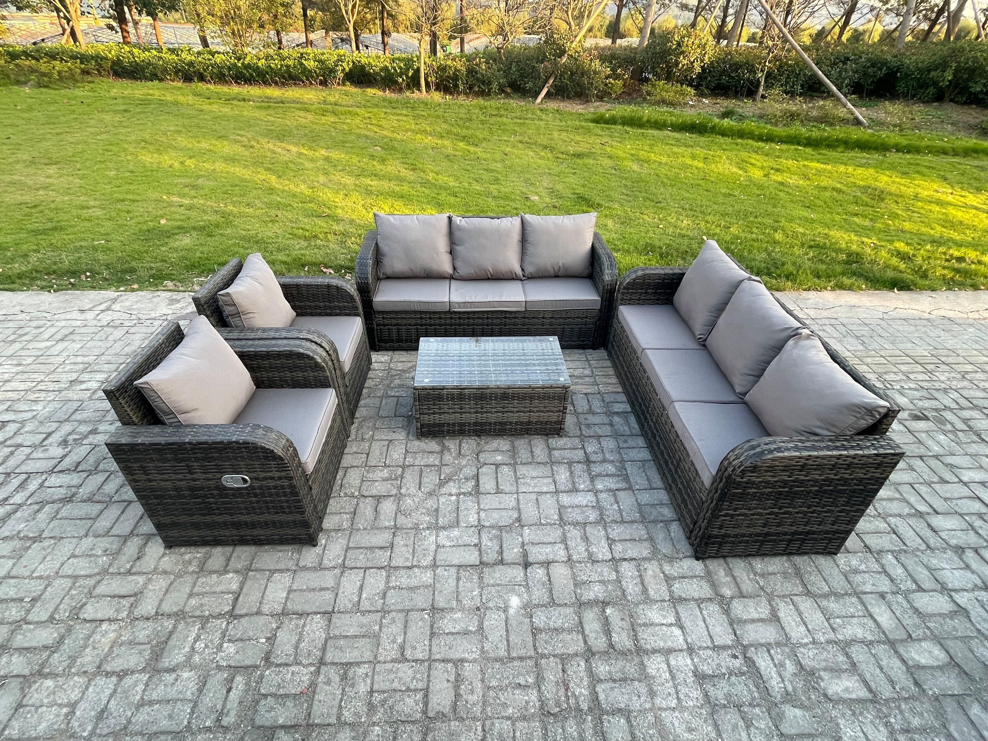 Rattan Outdoor Garden Furniture Sofa Set Patio Table & Chairs Set 3 Seater Sofa Reclining Chair Dark Grey Mixed