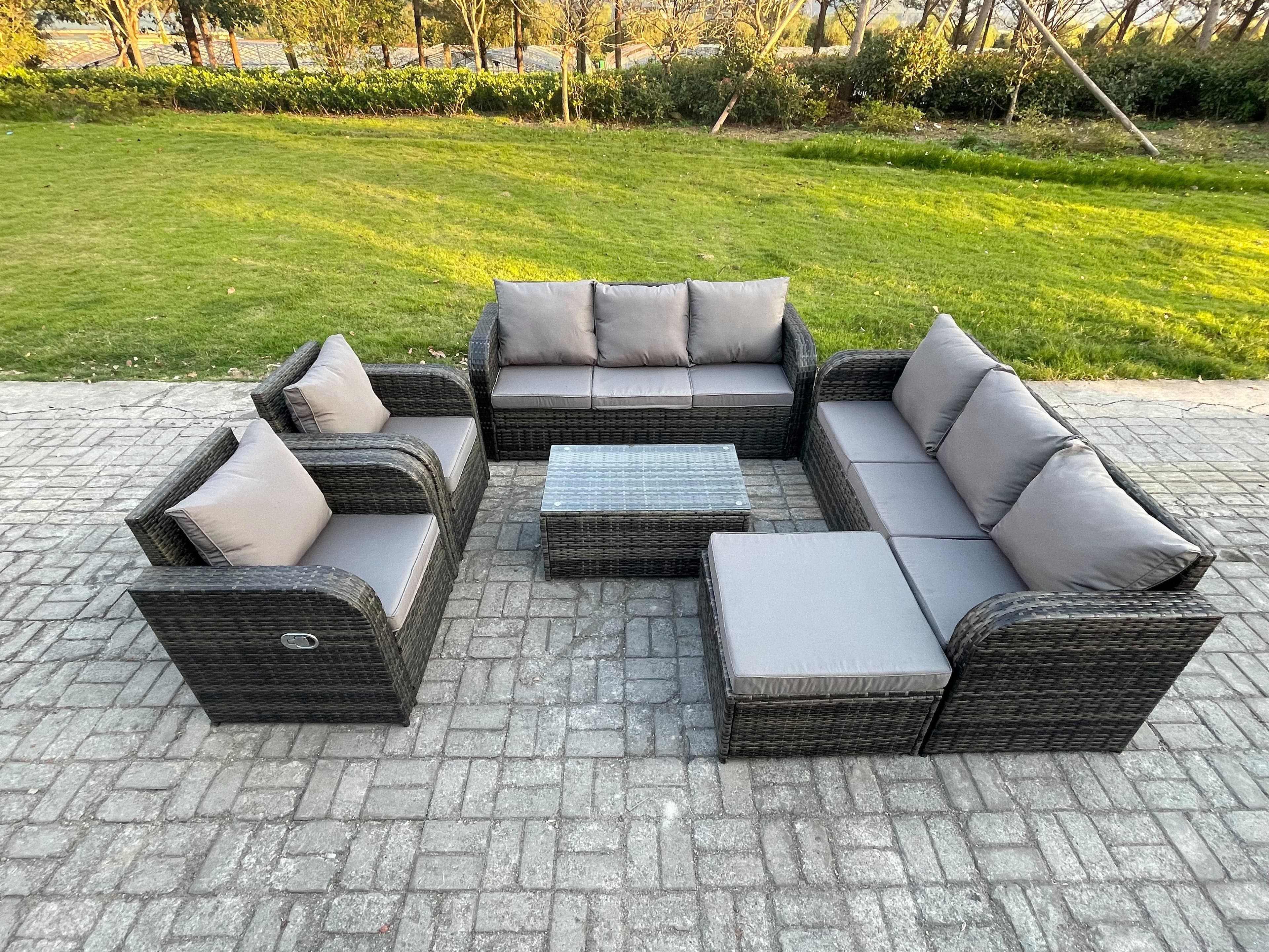 Rattan Outdoor Garden Furniture Sofa Set Patio Table & Chairs Set 3 Seater Sofa Reclining Chair Big Footstool Dark Grey Mixed