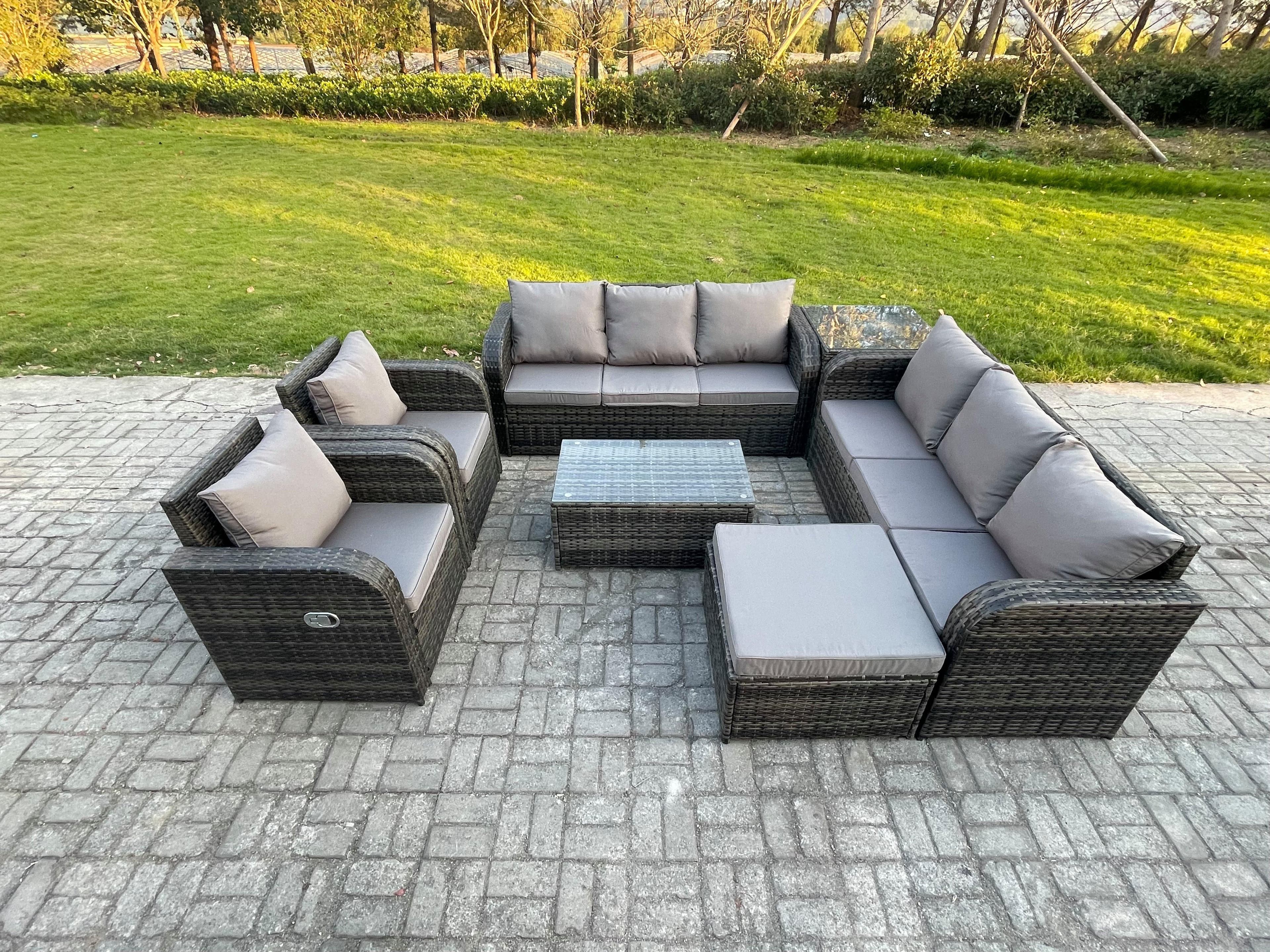 Rattan Outdoor Garden Furniture Sofa Set Patio Table & Chairs Set 3 Seater Sofa Reclining Chair Big Footstool Side Table Dark Grey Mixed