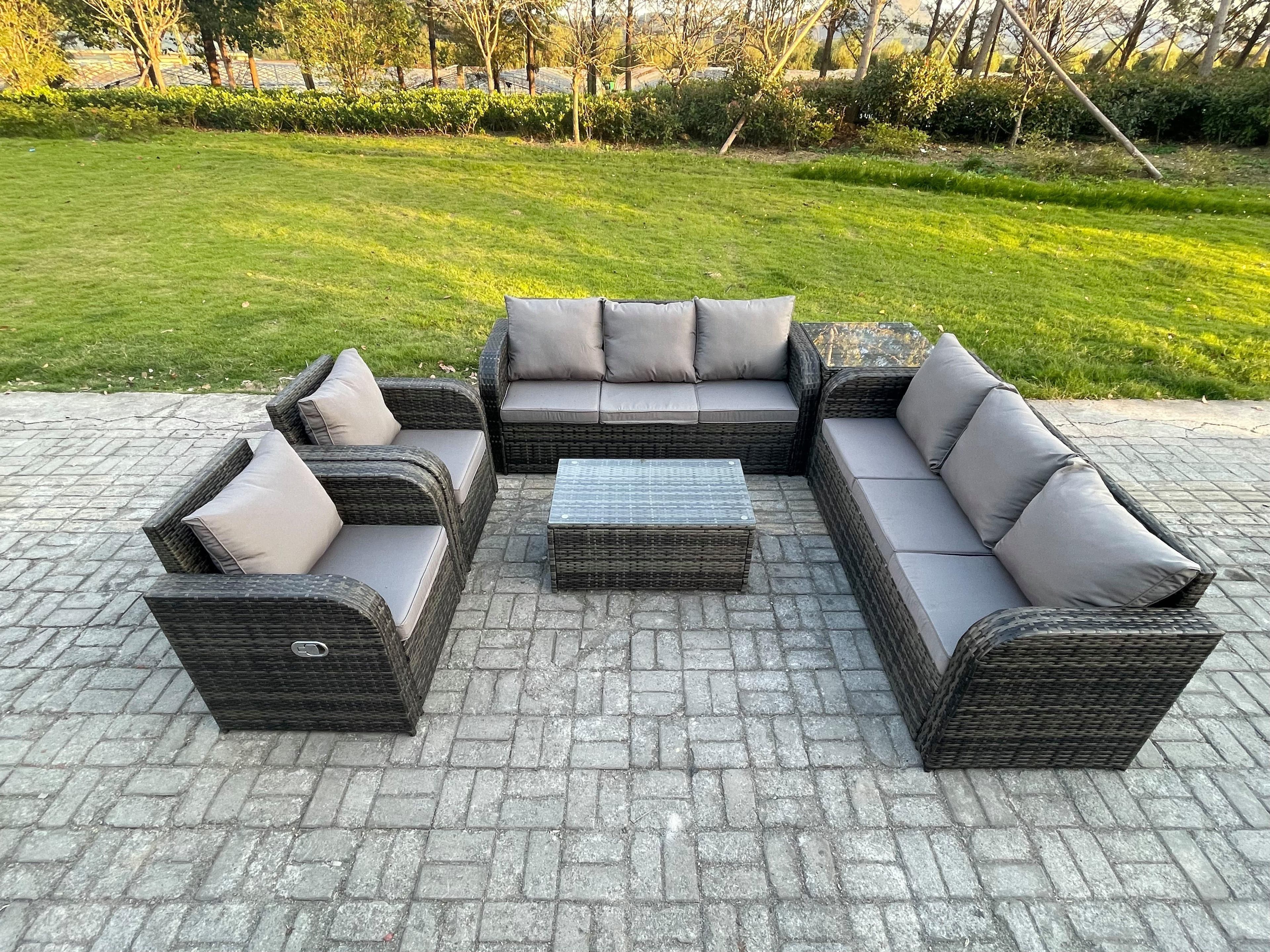 Rattan Outdoor Garden Furniture Sofa Set Patio Table & Chairs Set 3 Seater Sofa Reclining Chair Side Table Dark Grey Mixed