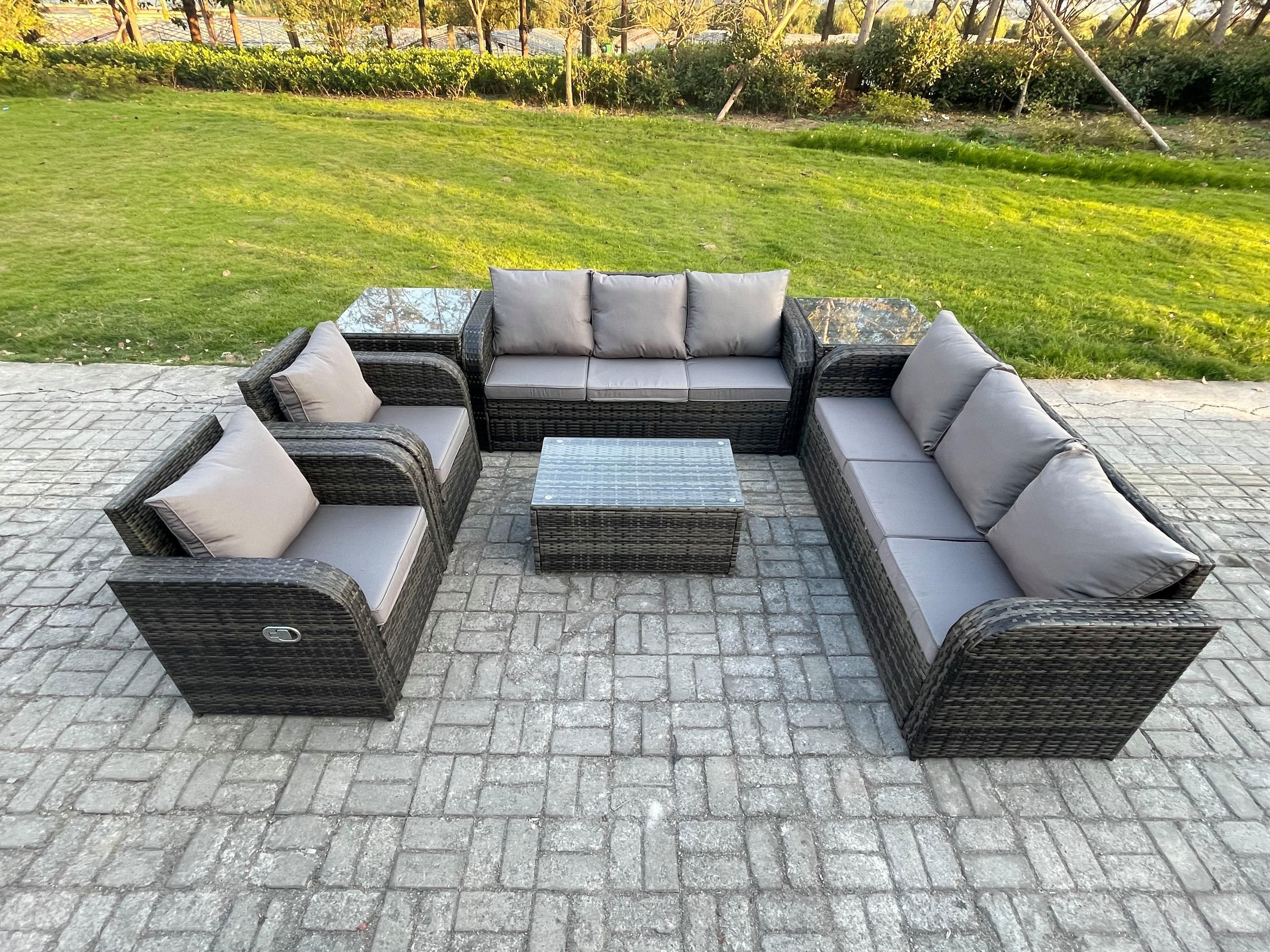 Rattan Outdoor Garden Furniture Sofa Set Patio Table & Chairs Set 3 Seater Sofa Reclining Chair 2 Side Tables Dark Grey Mixed