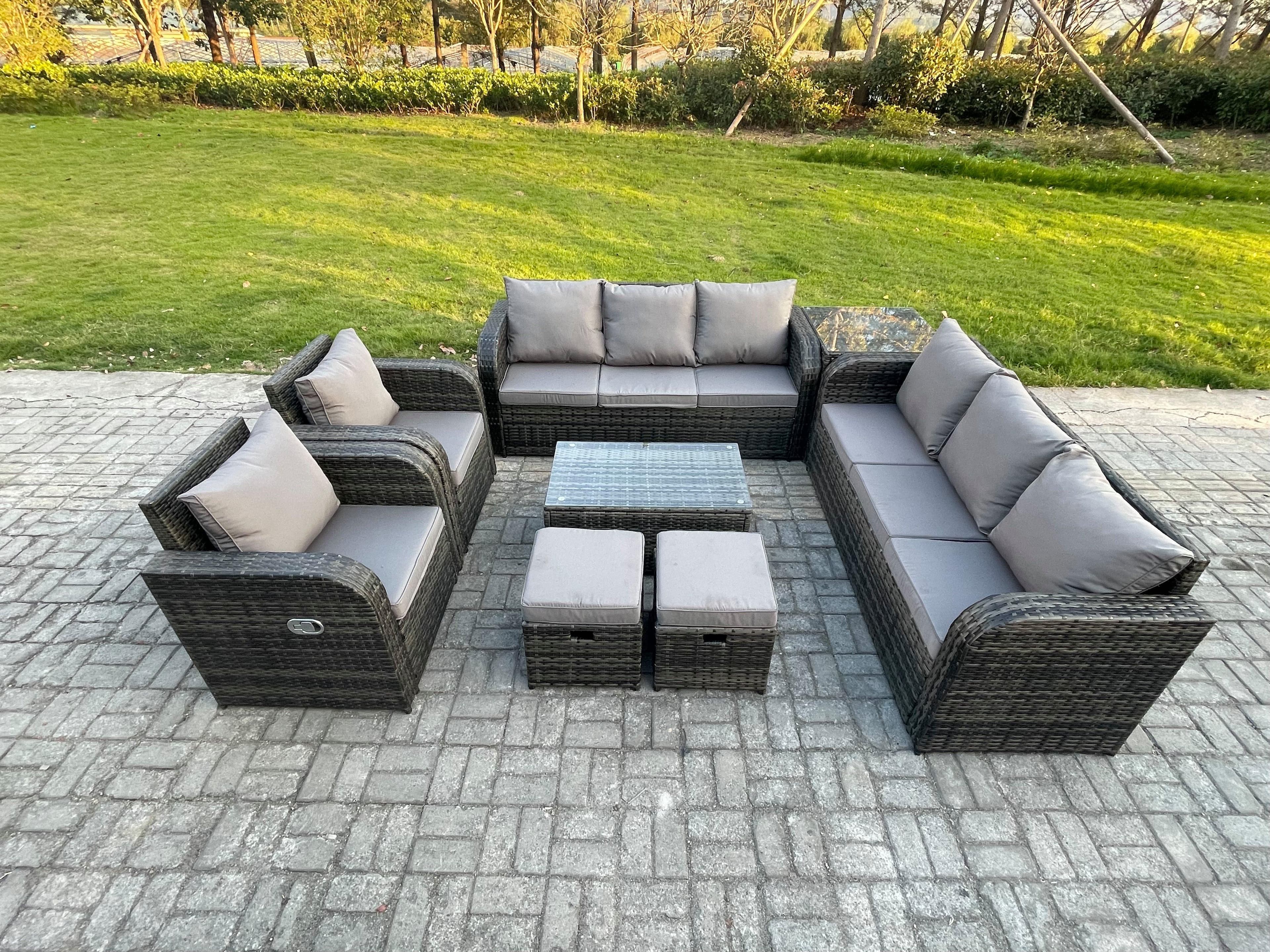 Rattan Outdoor Garden Furniture Sofa Set Patio Table & Chairs Set 3 Seater Sofa Chair Side Table 2 Small Footstools Dark Grey Mixed
