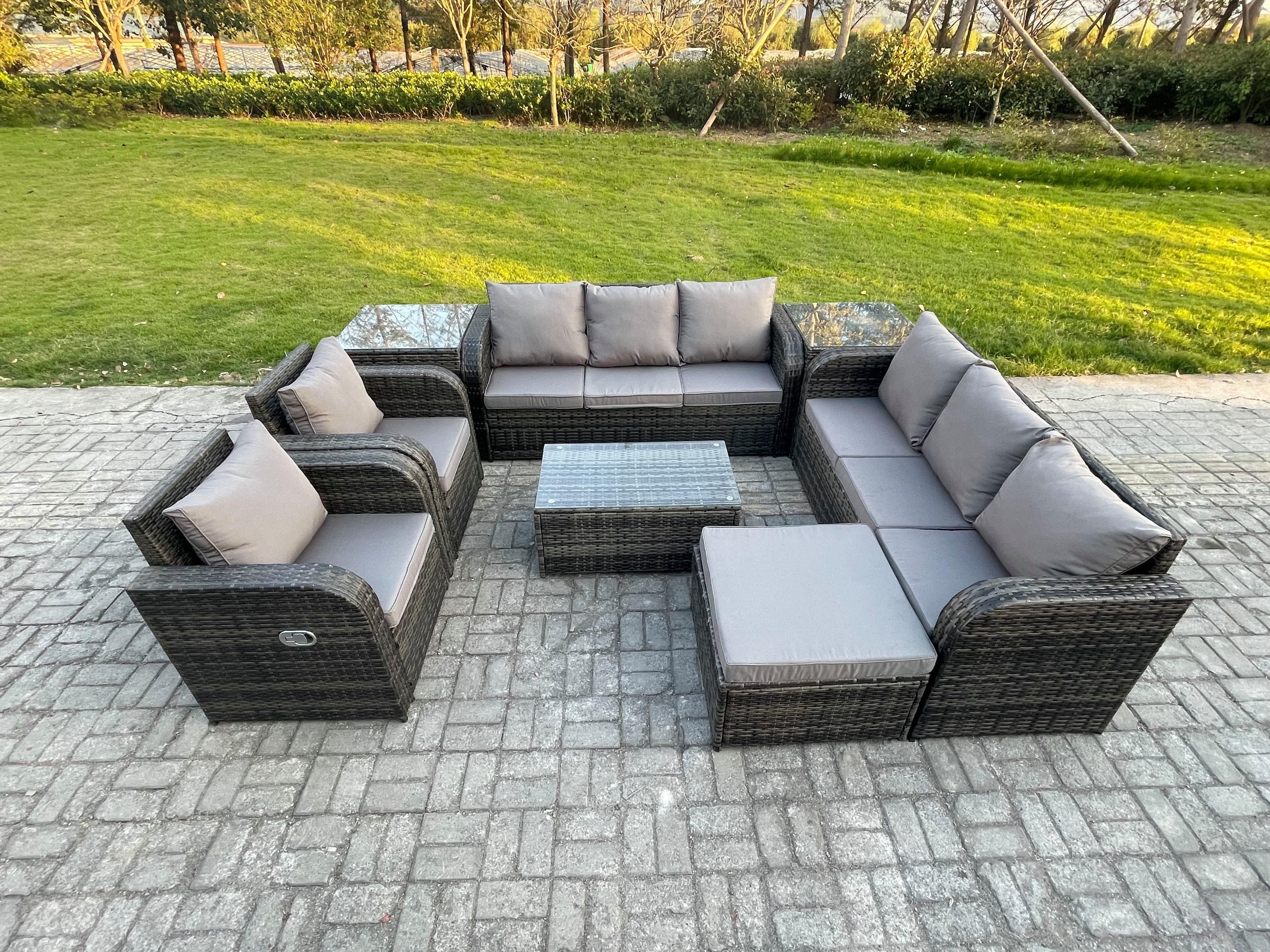 Rattan Outdoor Garden Furniture Sofa Set Patio Table & Chairs Set 3 Seater Sofa Reclining Chair 2 Side Table Big Footstool Dark Grey Mixed