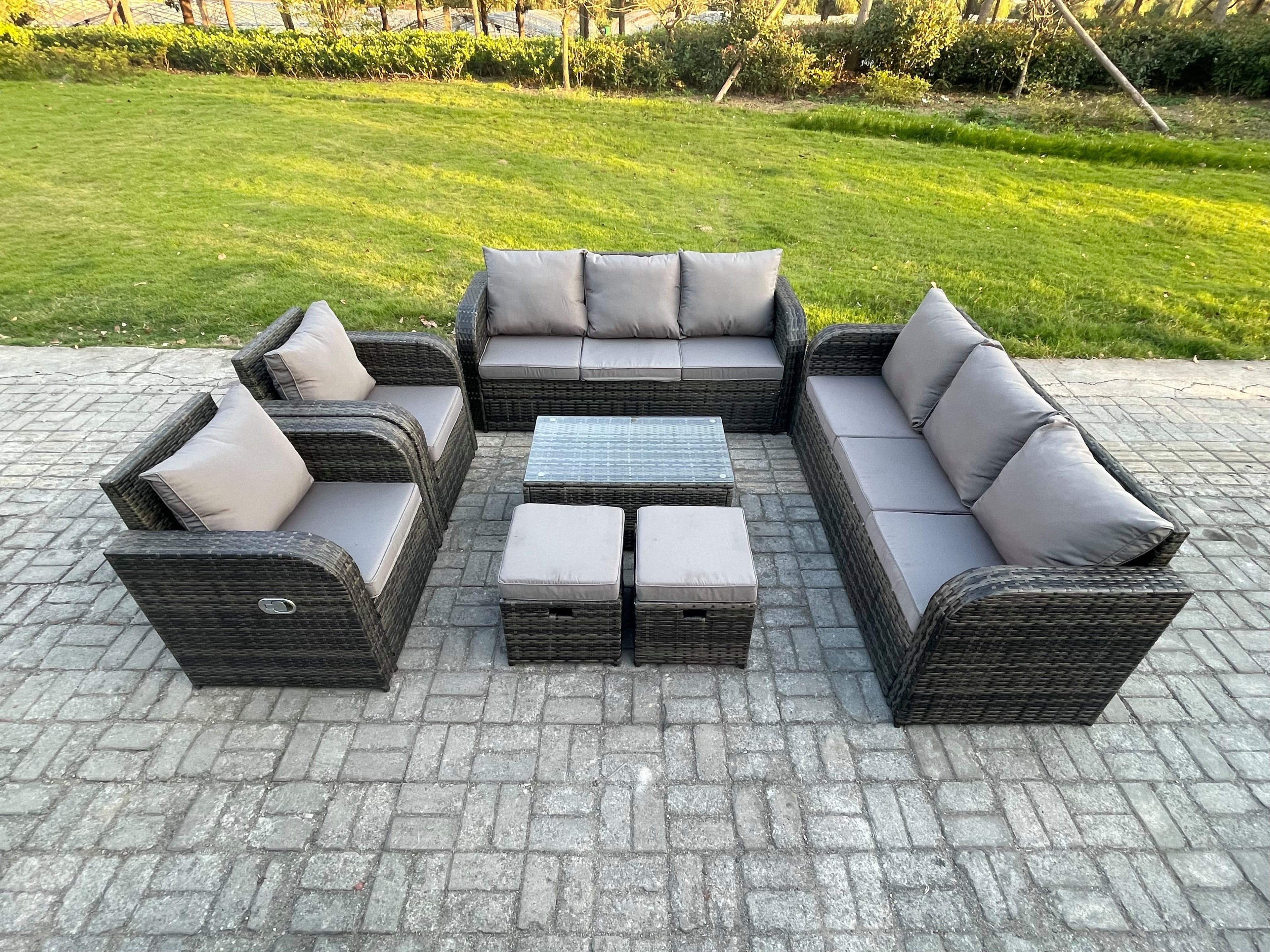 Rattan Outdoor Garden Furniture Sofa Set Patio Table & Chairs Set 3 Seater Sofa Reclining Chair 2 Small Footstools Dark Grey Mixed