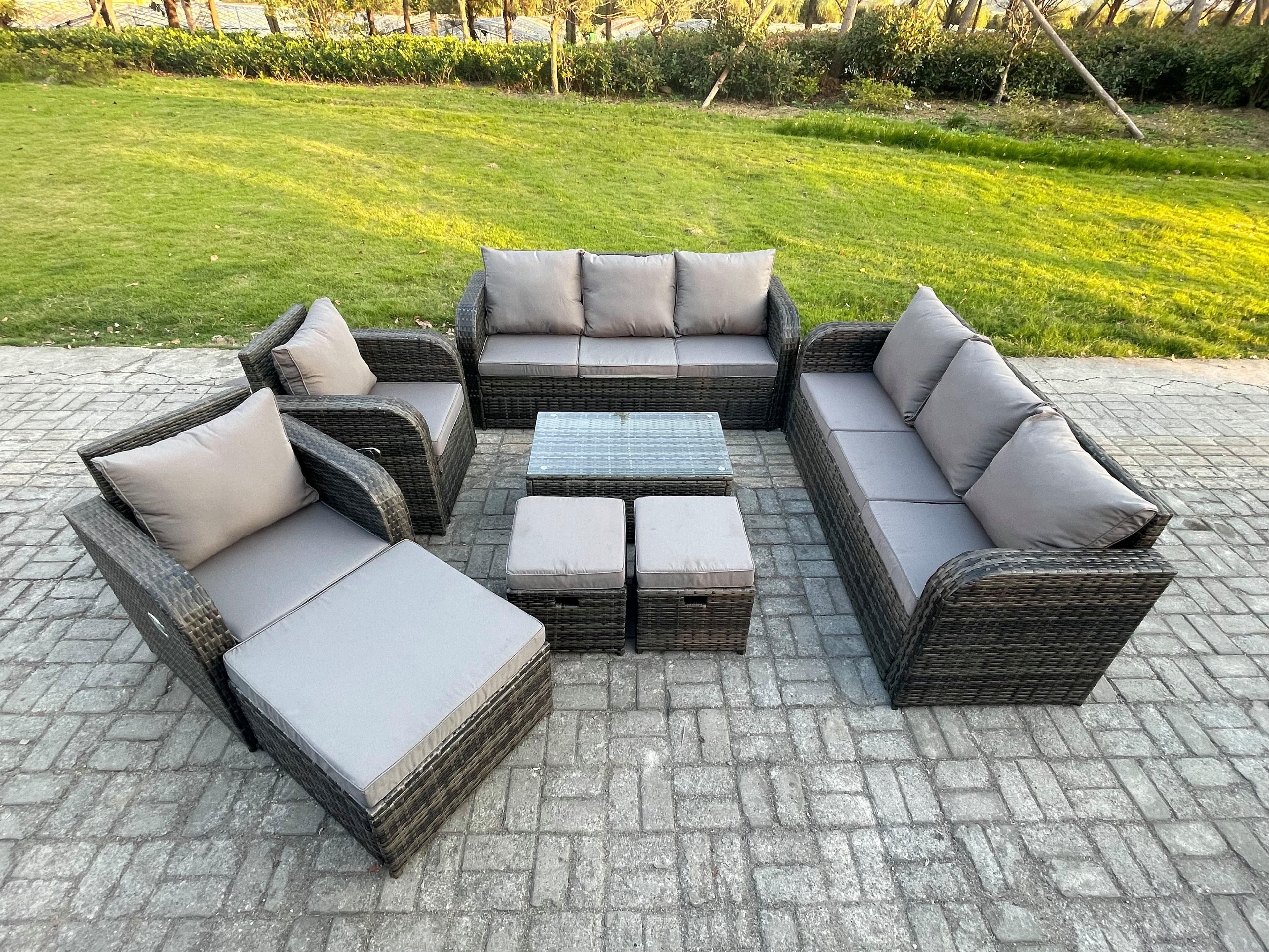 Rattan Outdoor Garden Furniture Sofa Set Patio Table & Chairs Set Reclining Chair 3 Footstools 3 Seater Sofa Dark Grey Mixed