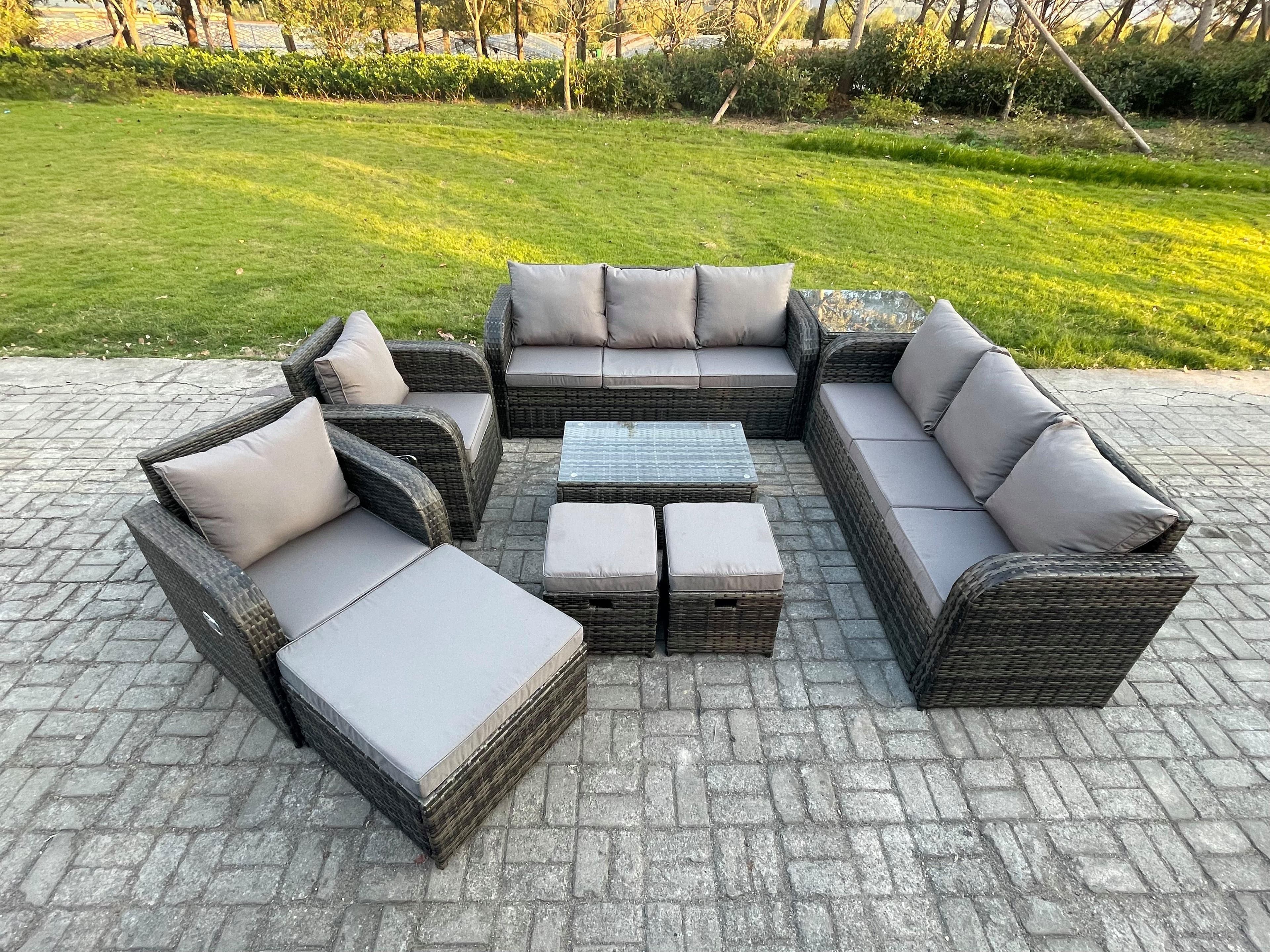 Rattan Outdoor Garden Furniture Sofa Set Patio Table & Chairs Set 3 Seater Sofa Reclining Chair 3 Footstools 3 Seater Sofa Side Table