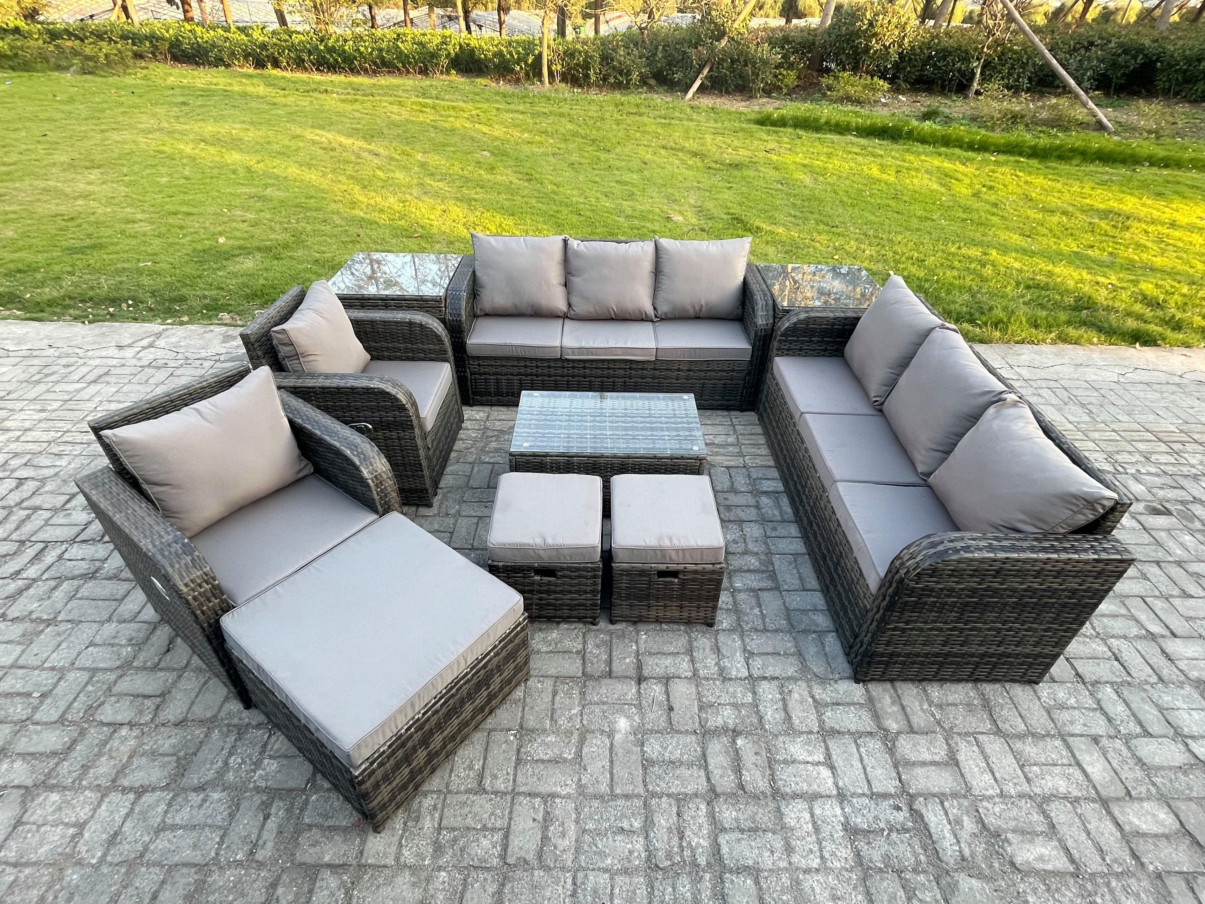 Rattan Outdoor Garden Furniture Sofa Set Patio Table & Chairs Set 3 Seater Sofa Reclining Chair 3 Footstools 3 Seater Sofa 2 Side Tables