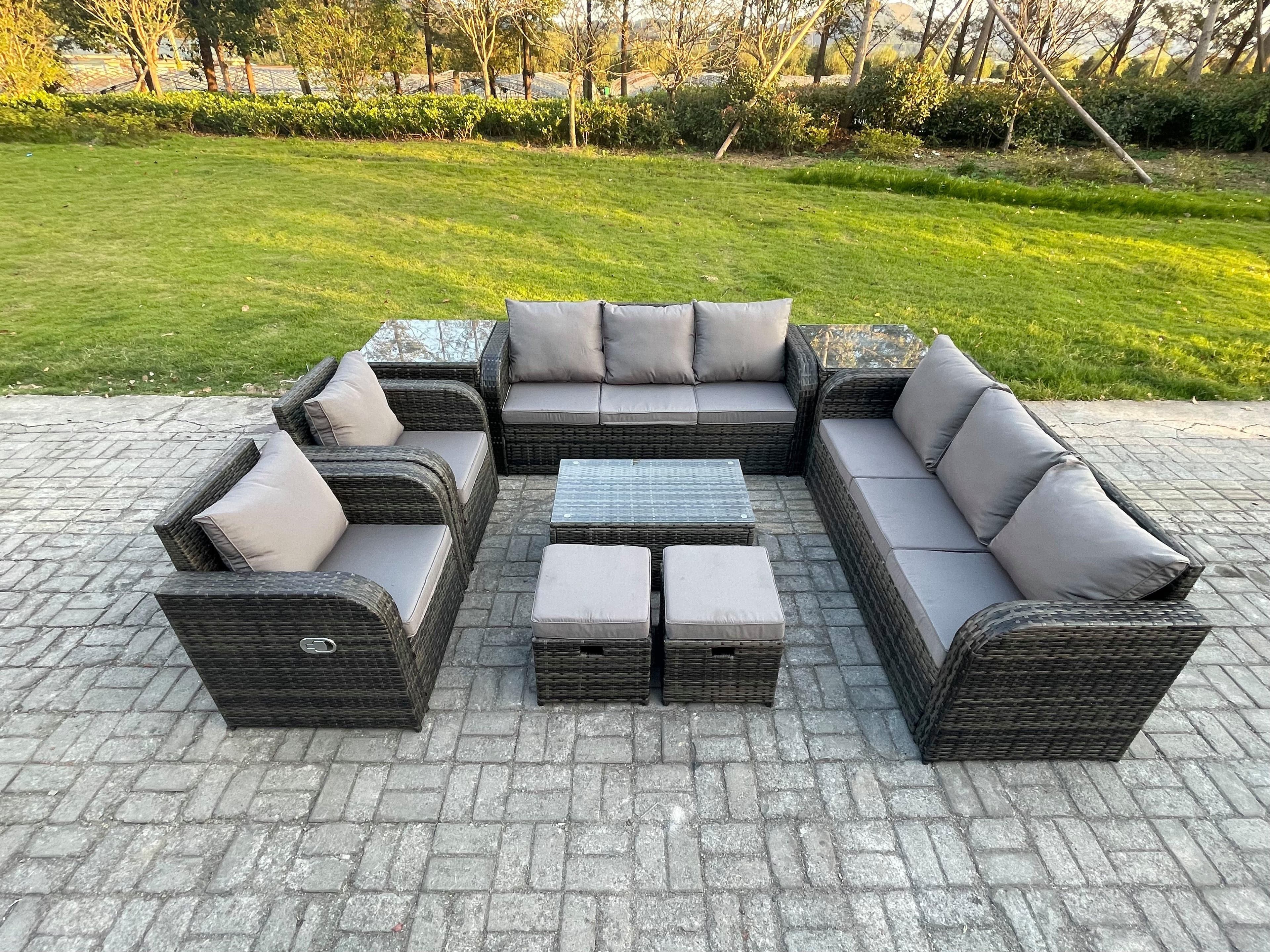 Rattan Outdoor Garden Furniture Sofa Set Patio Table & Chairs Set 3 Seater Sofa Reclining Chair Small Footstools 3 Seater Sofa 2 Side Tables
