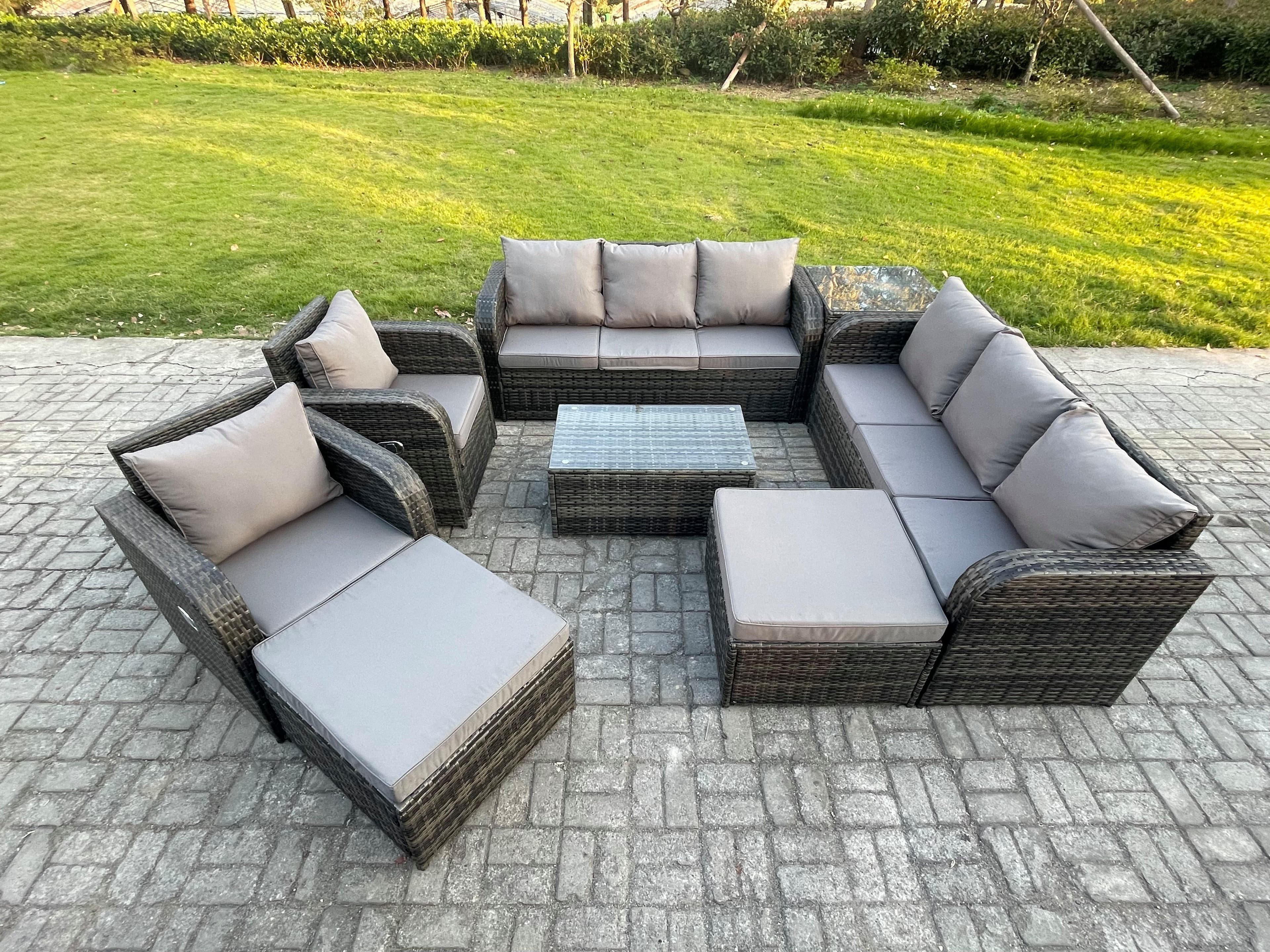 10 Seater Rattan Outdoor Garden Furniture Sofa Set Patio Table & Chairs Set 3 Seater Sofa Reclining Chair 2 Big Footstool 3 Seater Sofa