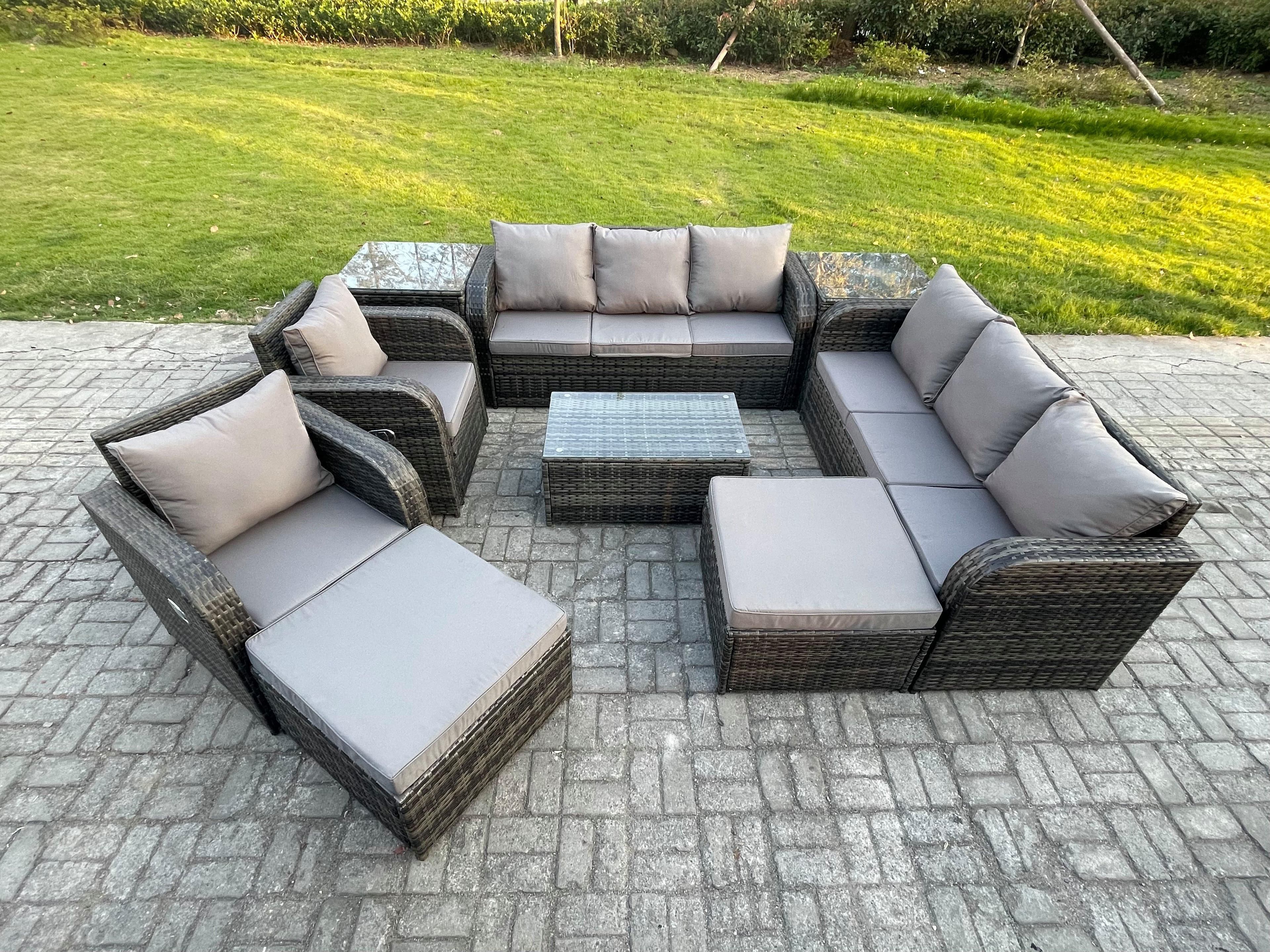 10 Seater Rattan Outdoor Garden Furniture Sofa Set Patio Table & Chairs Set 3 Seater Sofa Reclining Chair 2 Big Footstool 2 Side Tables