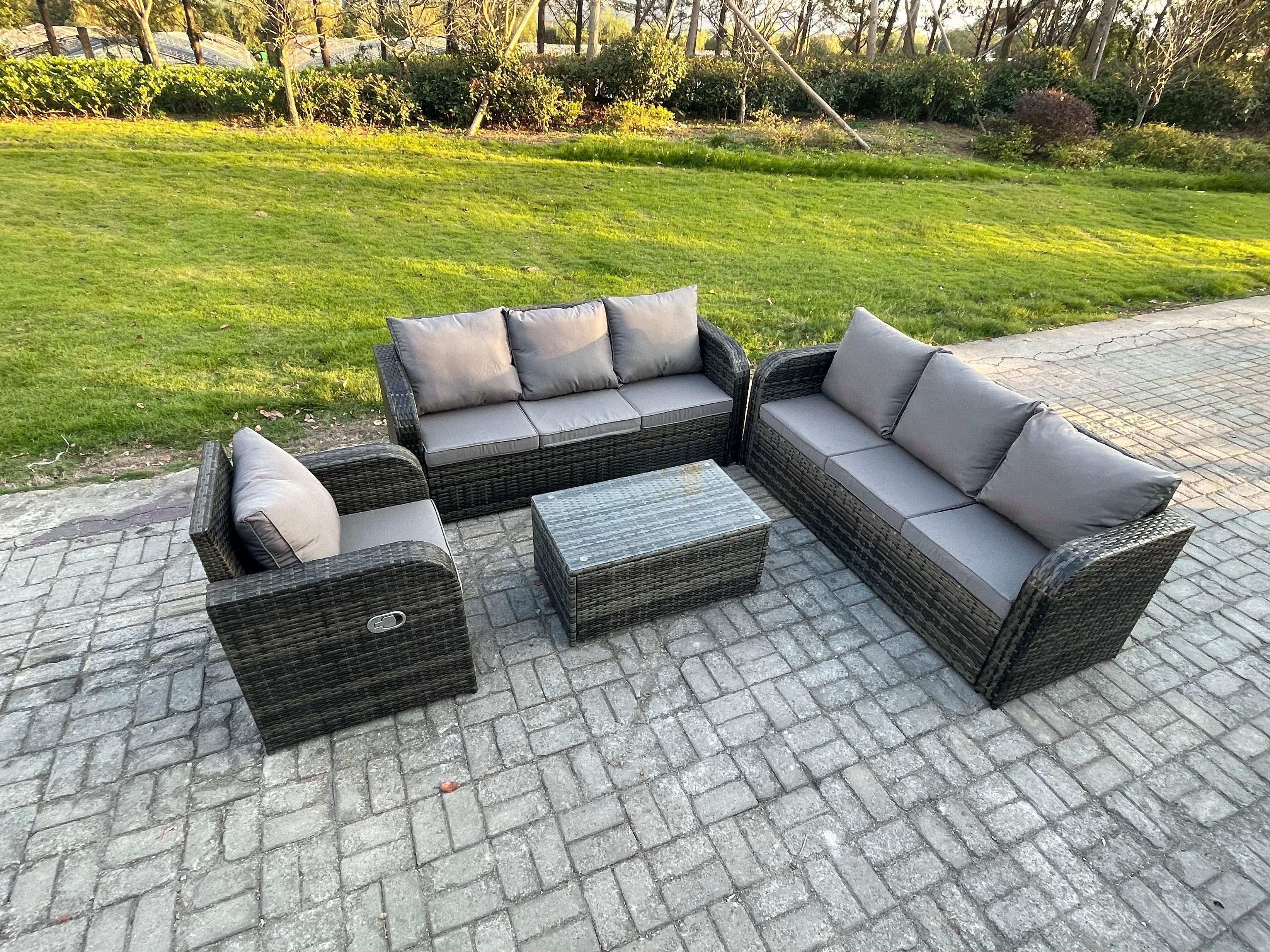 7 Seater Rattan Outdoor Garden Furniture Sofa Set Patio Table & Chairs Set 3 Seater Sofa Reclining Chair 3 Seater Sofa Dark Grey Mixed