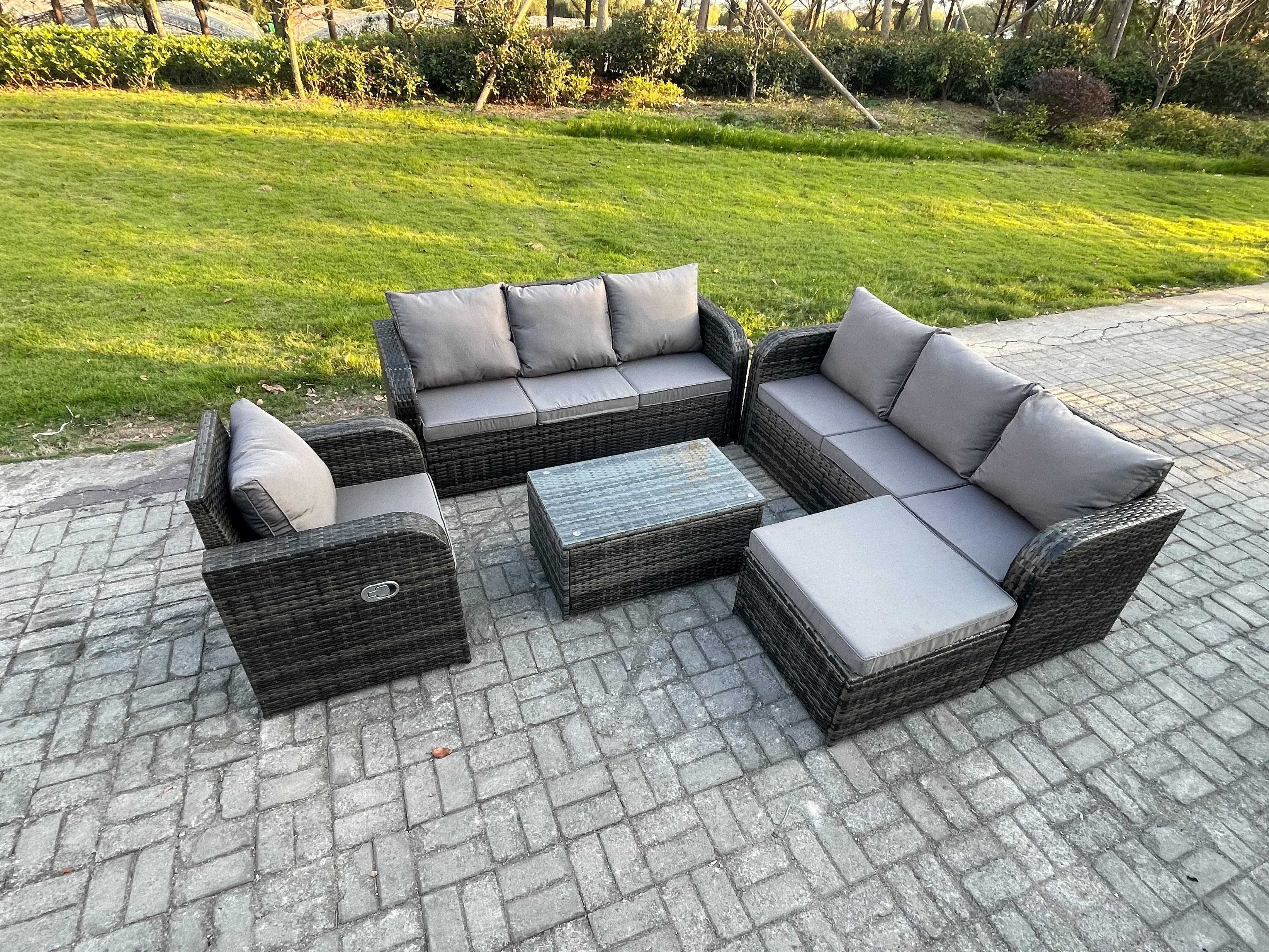 8 Seater Rattan Outdoor Garden Furniture Sofa Set Patio Table & Chairs Set 3 Seater Sofa Reclining Chair 3 Seater Sofa Big Footstool