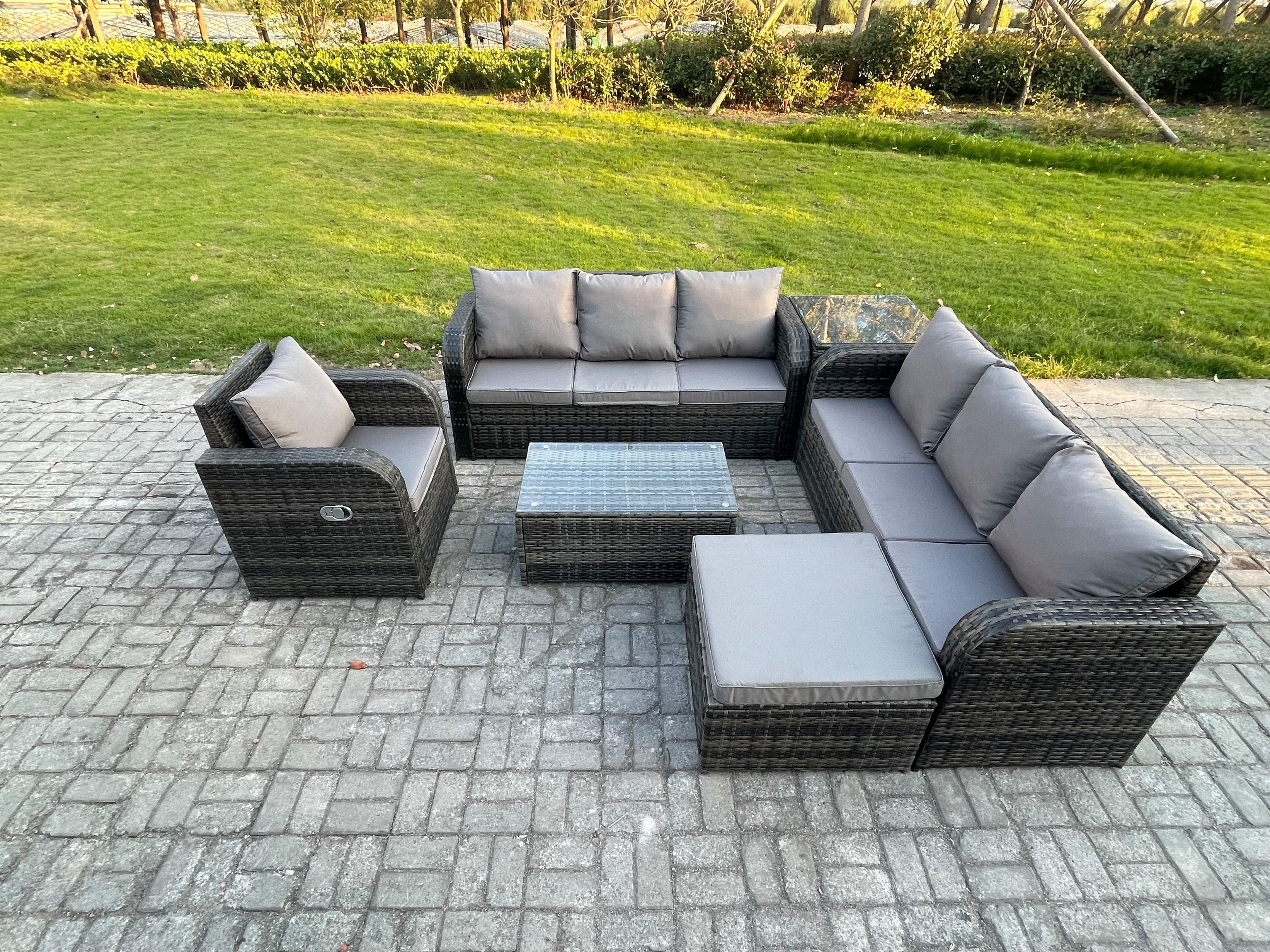 Rattan Outdoor Garden Furniture Sofa Set Patio Table & Chairs Set 3 Seater Sofa Reclining Chair 3 Seater Sofa Big Footstool Side Table