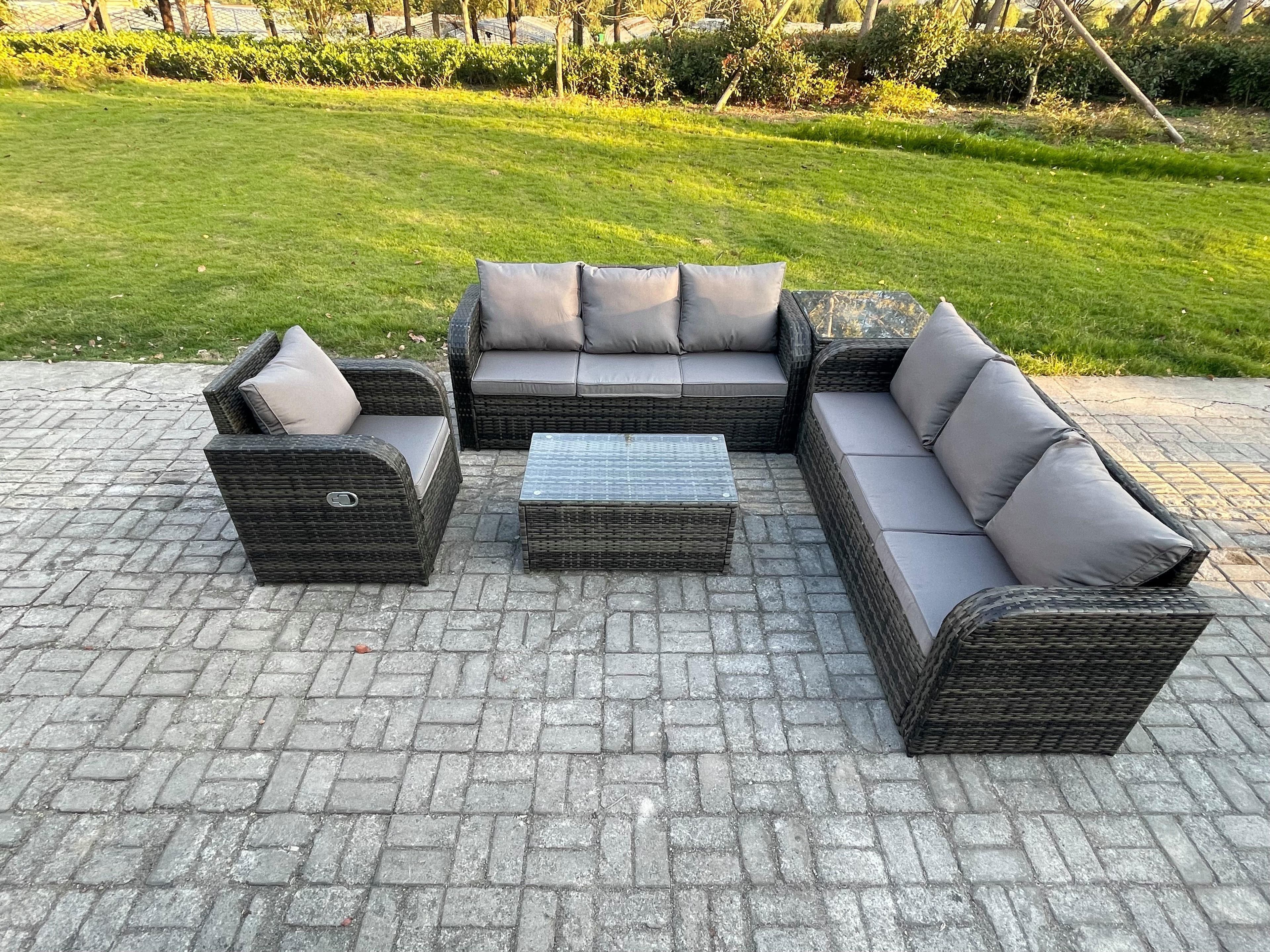 7 Seater Rattan Outdoor Garden Furniture Sofa Set Patio Table & Chairs Set 3 Seater Sofa Reclining Chair 3 Seater Sofa Side Table