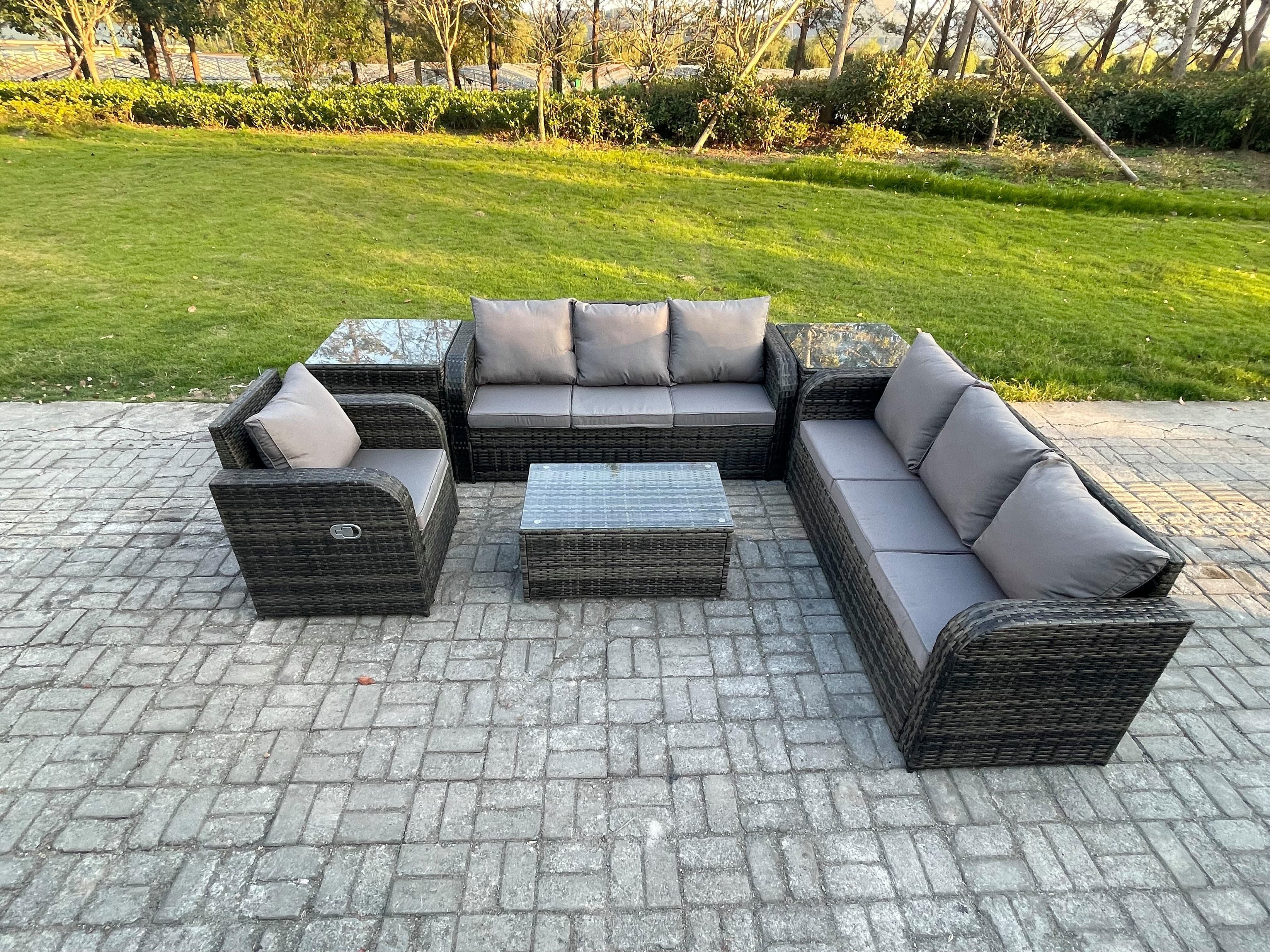 7 Seater Rattan Outdoor Garden Furniture Sofa Set Patio Table & Chairs Set 3 Seater Sofa Reclining Chair 3 Seater Sofa 2 Side Tables