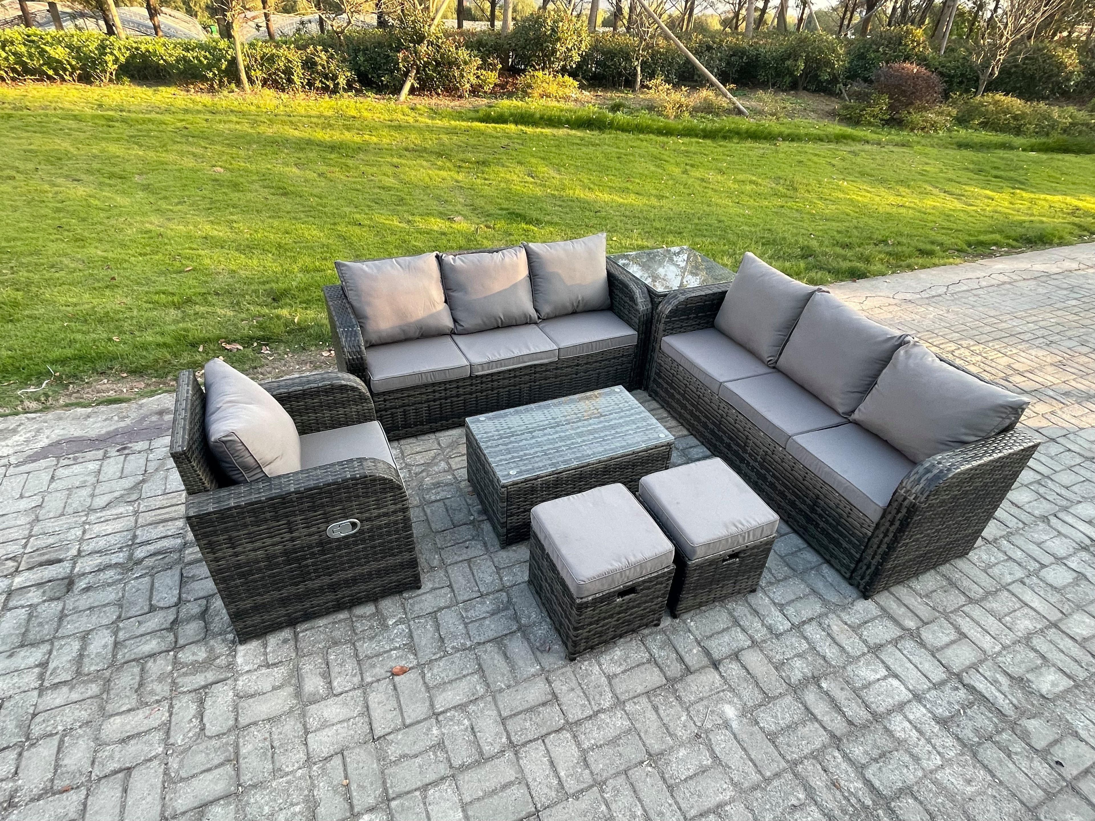 9 Seater Rattan Outdoor Garden Furniture Sofa Set Patio Table & Chairs Set 3 Seater Sofa Reclining Chair 3 Seater Sofa Side Table
