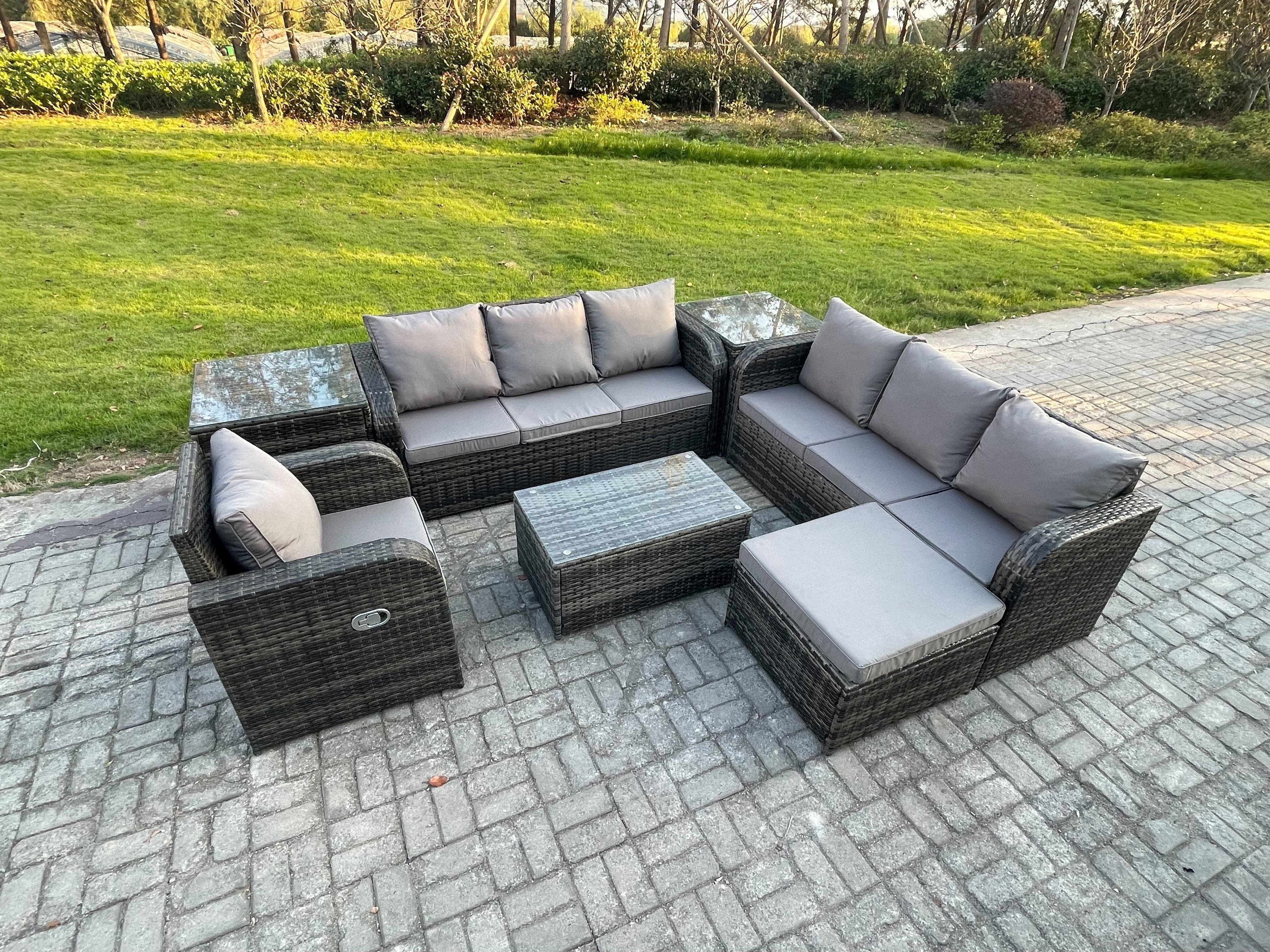 8 Seater Rattan Outdoor Garden Furniture Sofa Set Patio Table & Chairs Set 3 Seater Sofa Reclining Chair 3 Seater Sofa 2 Side Tables