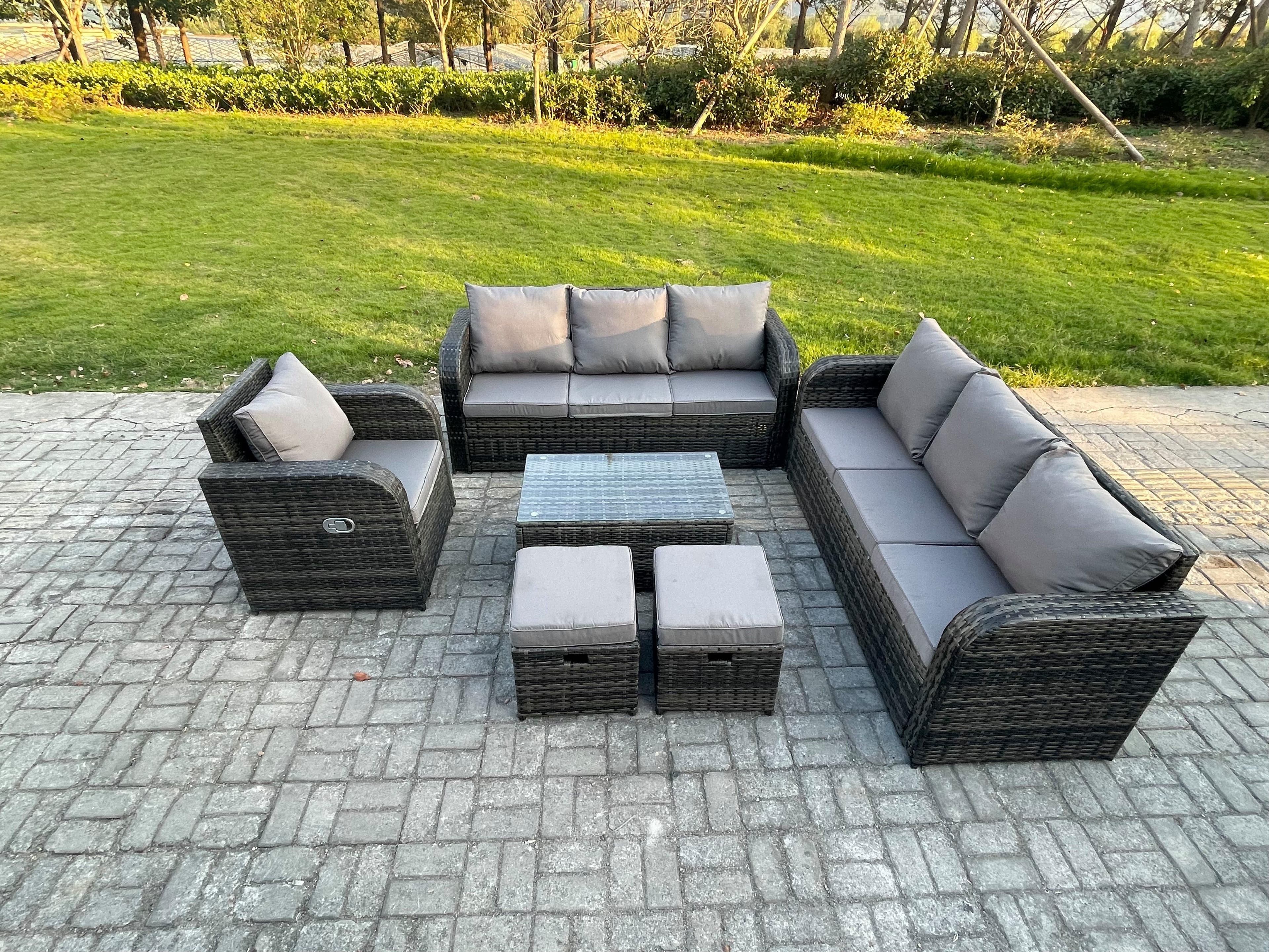 9 Seater Rattan Lounge Sofa Set Outdoor Garden Furniture Set Rectangular Coffee Table 3 Seater Sofa 2 Small Footstools