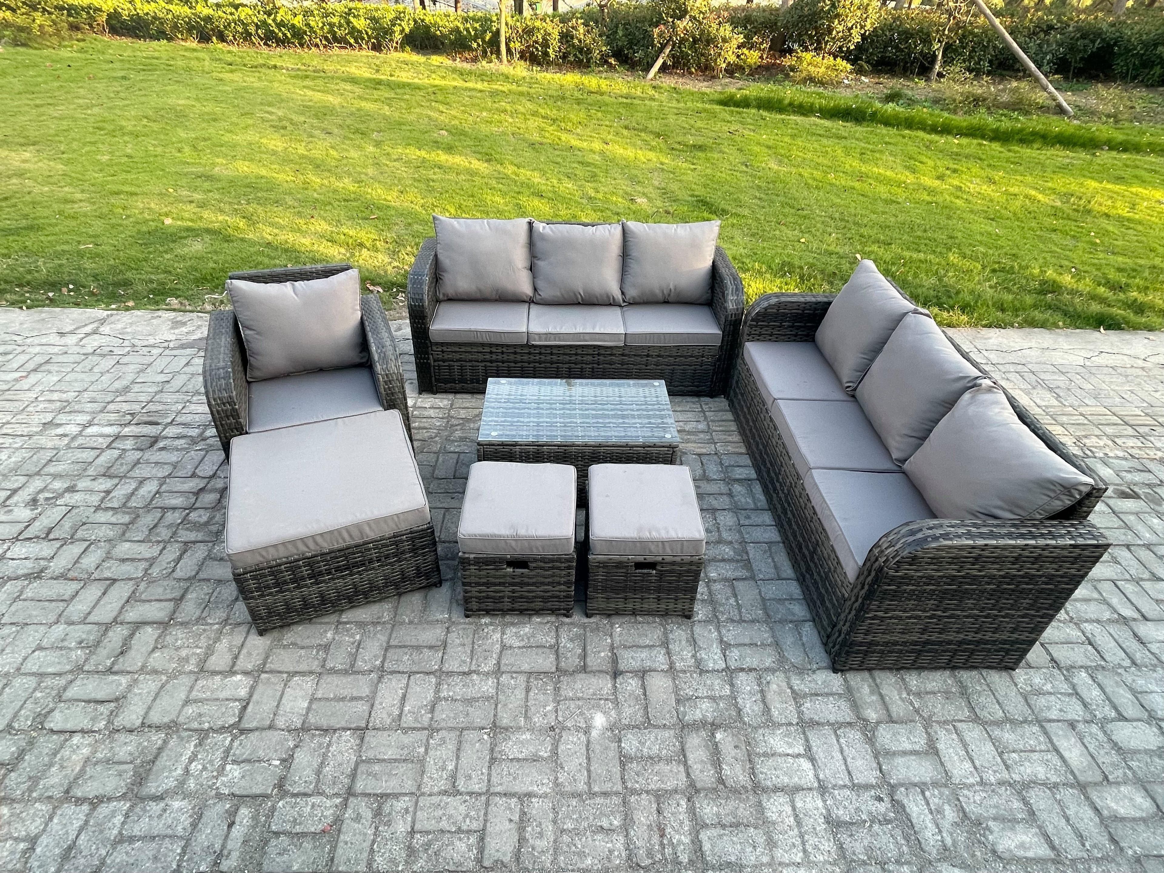 10 Seater Rattan Lounge Sofa Set Outdoor Garden Furniture Set Rectangular Coffee Table 3 Seater Sofa 3 Footstools