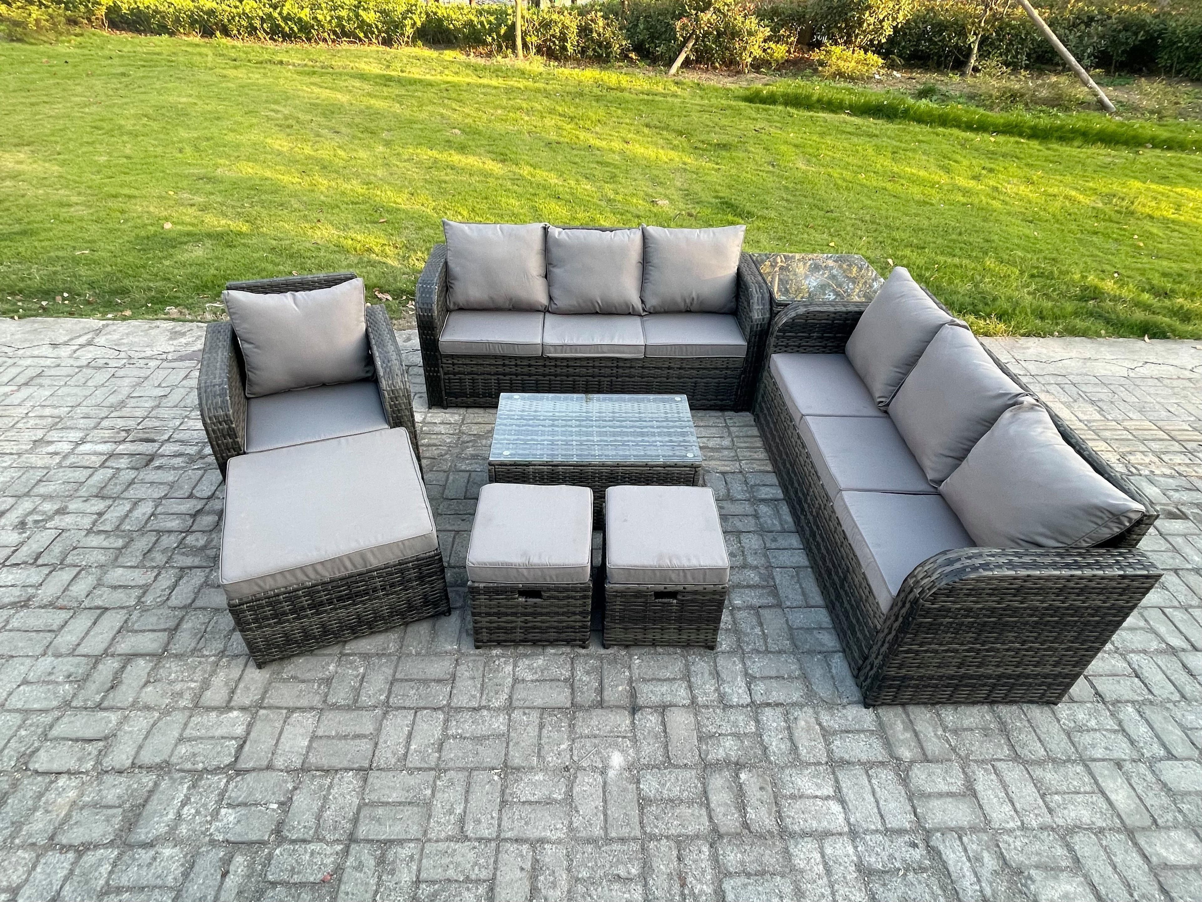 10 Seater Rattan Lounge Sofa Set Outdoor Garden Furniture Set Rectangular Coffee Table 3 Seater Sofa 3 Footstools Side Table