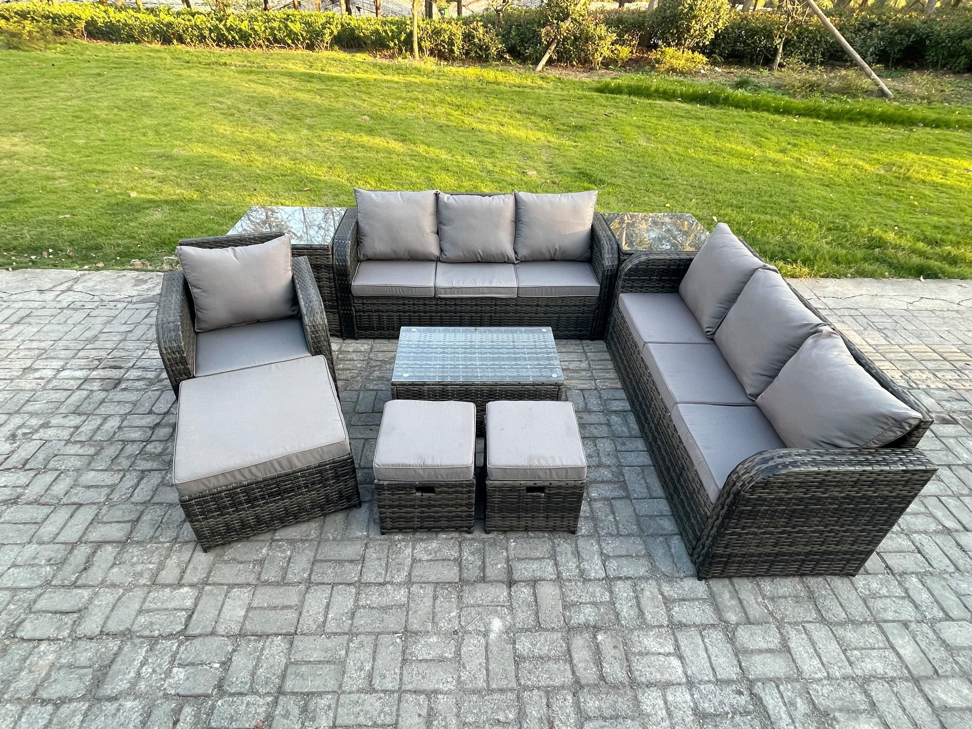 10 Seater Rattan Lounge Sofa Set Outdoor Garden Furniture Set Rectangular Coffee Table 3 Seater Sofa 3 Footstools 2 Side Tables
