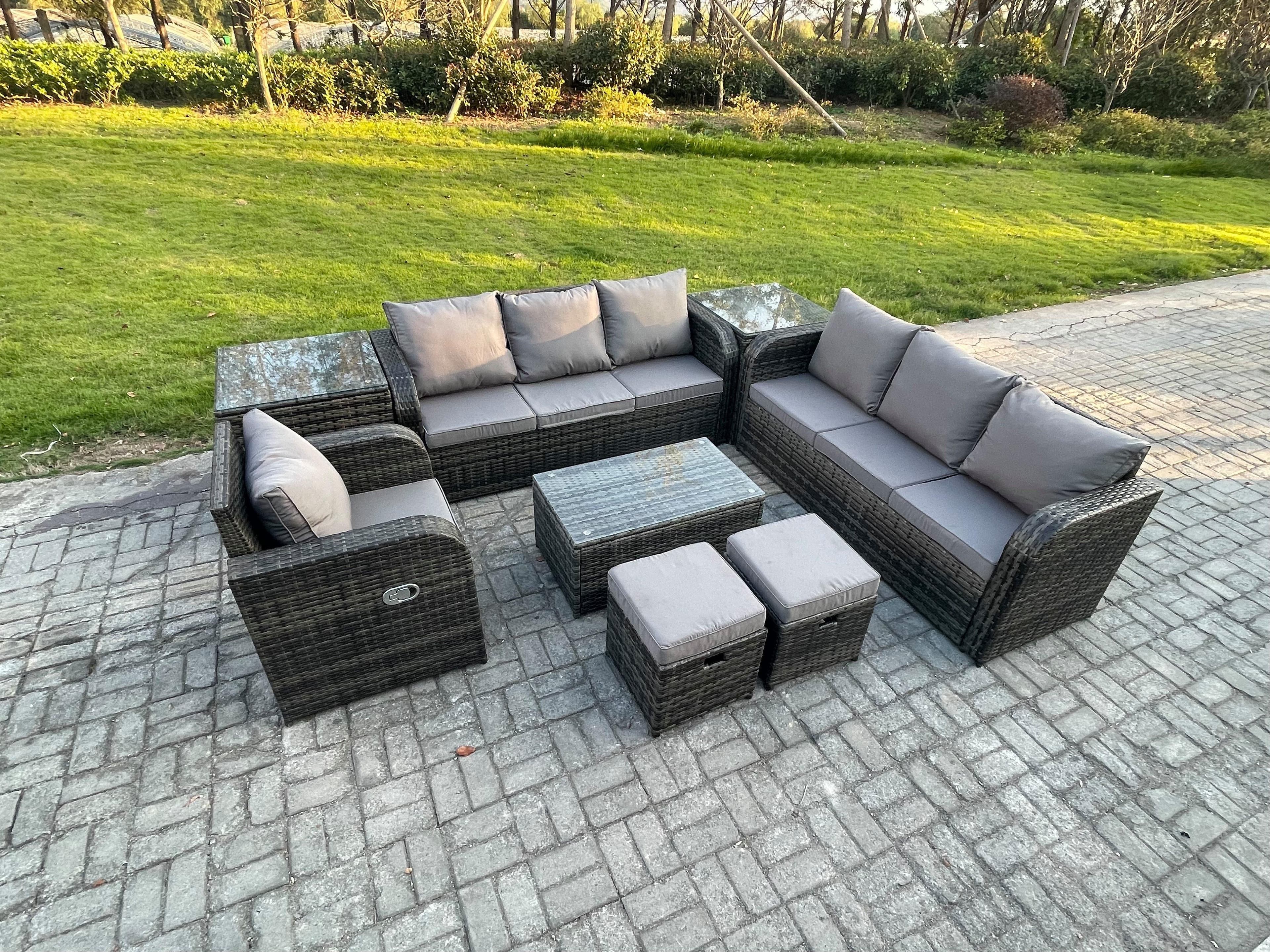 9 Seater Rattan Lounge Sofa Set Outdoor Garden Furniture Set Rectangular Coffee Table 3 Seater Sofa 2 Small Footstools 2 Side Tables