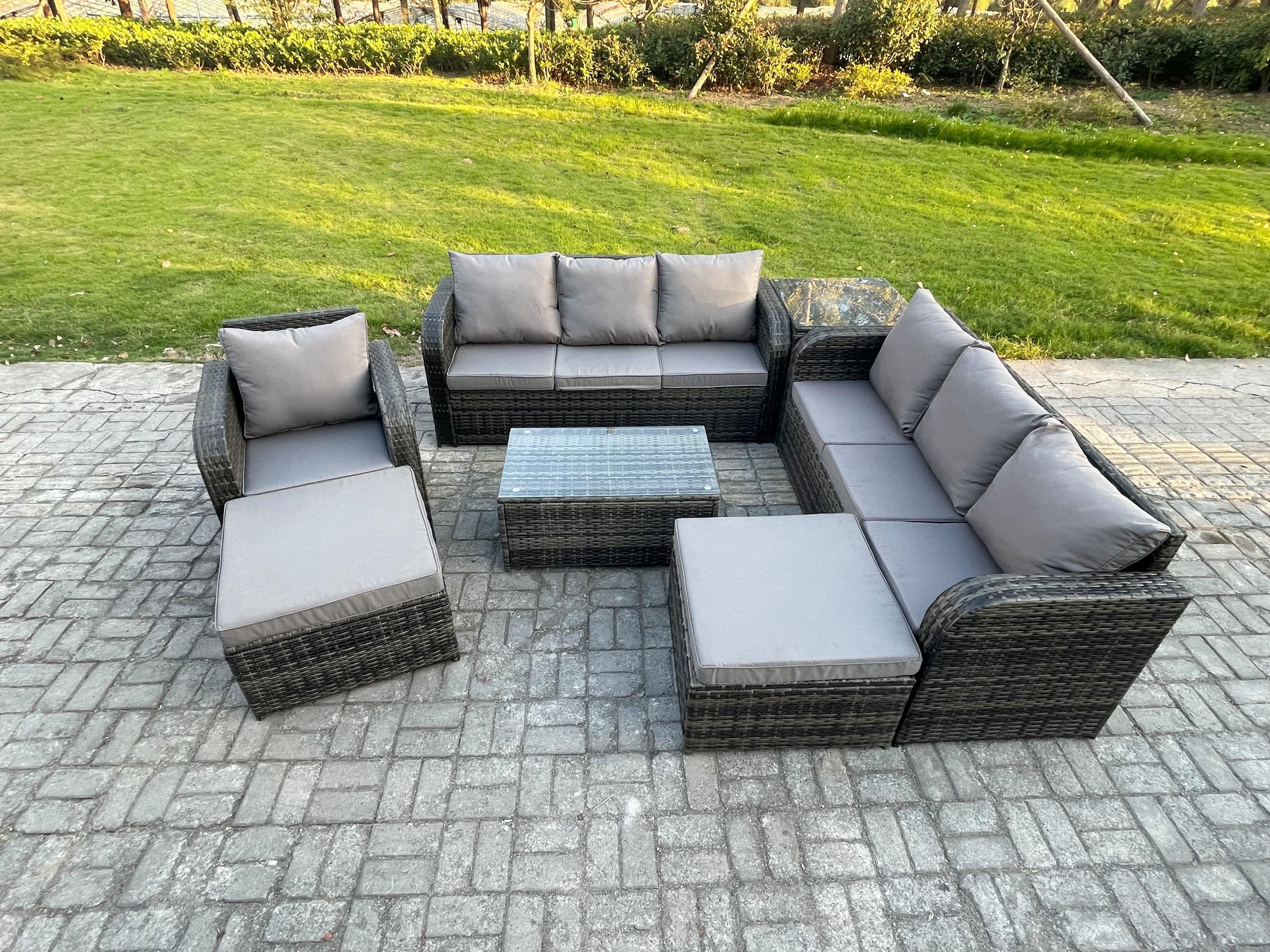 9 Seater Rattan Lounge Sofa Set Outdoor Garden Furniture Set Rectangular Coffee Table 3 Seater Sofa 2 Big Footstool Side Table