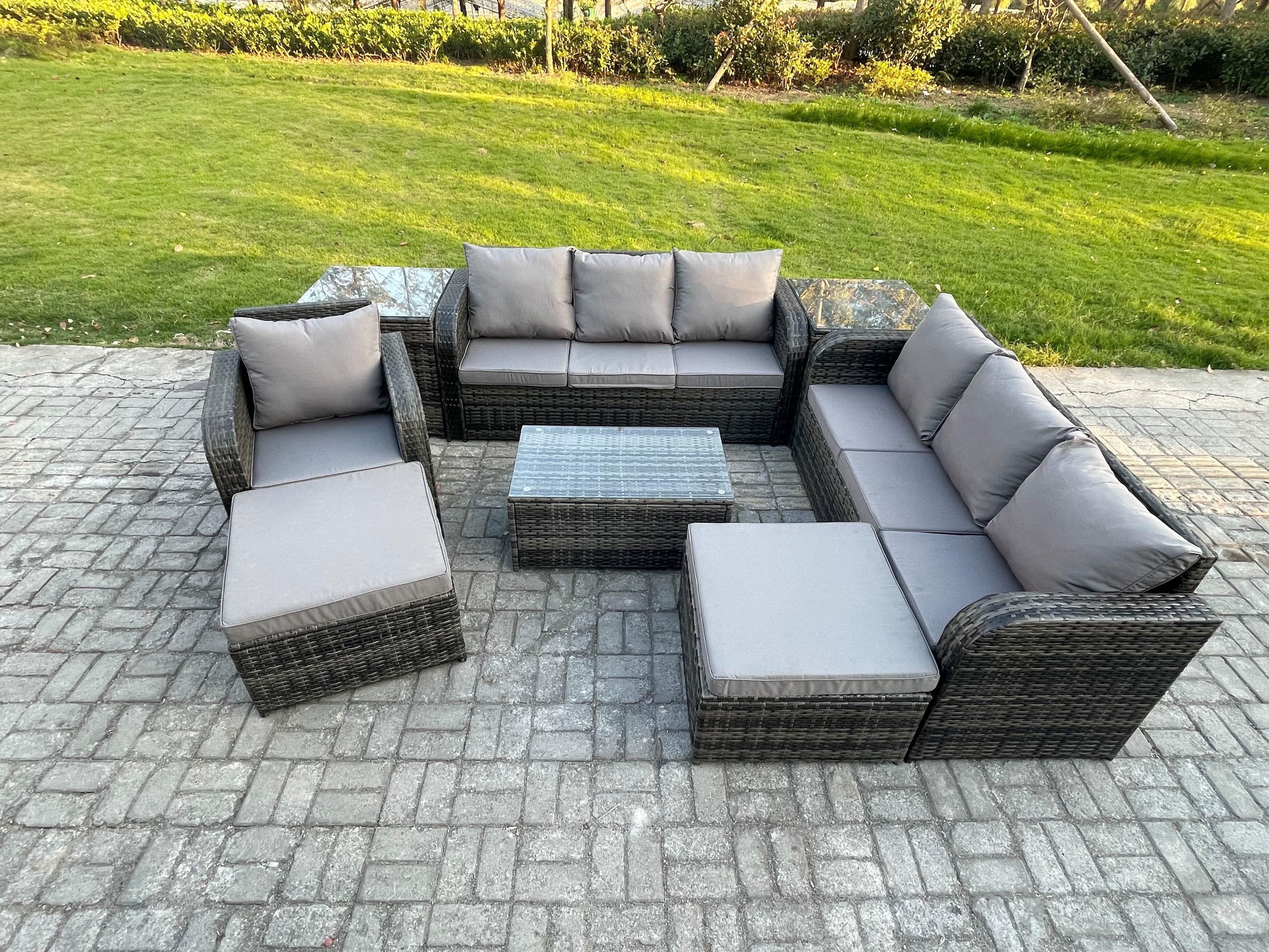 9 Seater Rattan Lounge Sofa Set Outdoor Garden Furniture Set Rectangular Coffee Table 3 Seater Sofa 2 Big Footstool 2 Side Tables