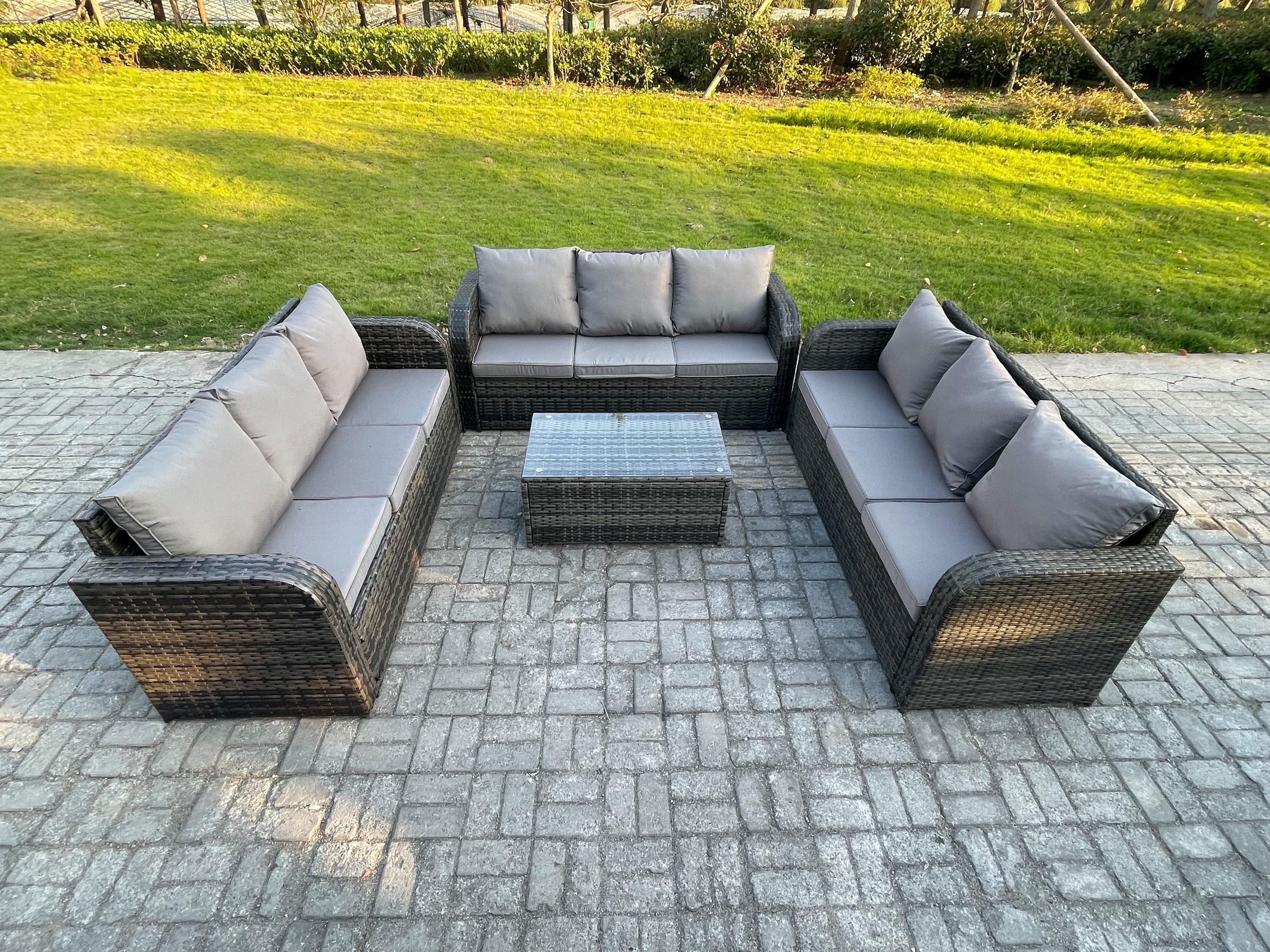 Rattan Lounge Sofa Set 9 Seater Outdoor Garden Furniture Set Rectangular Coffee Table 3 Seater Sofa Dark Grey Mixed