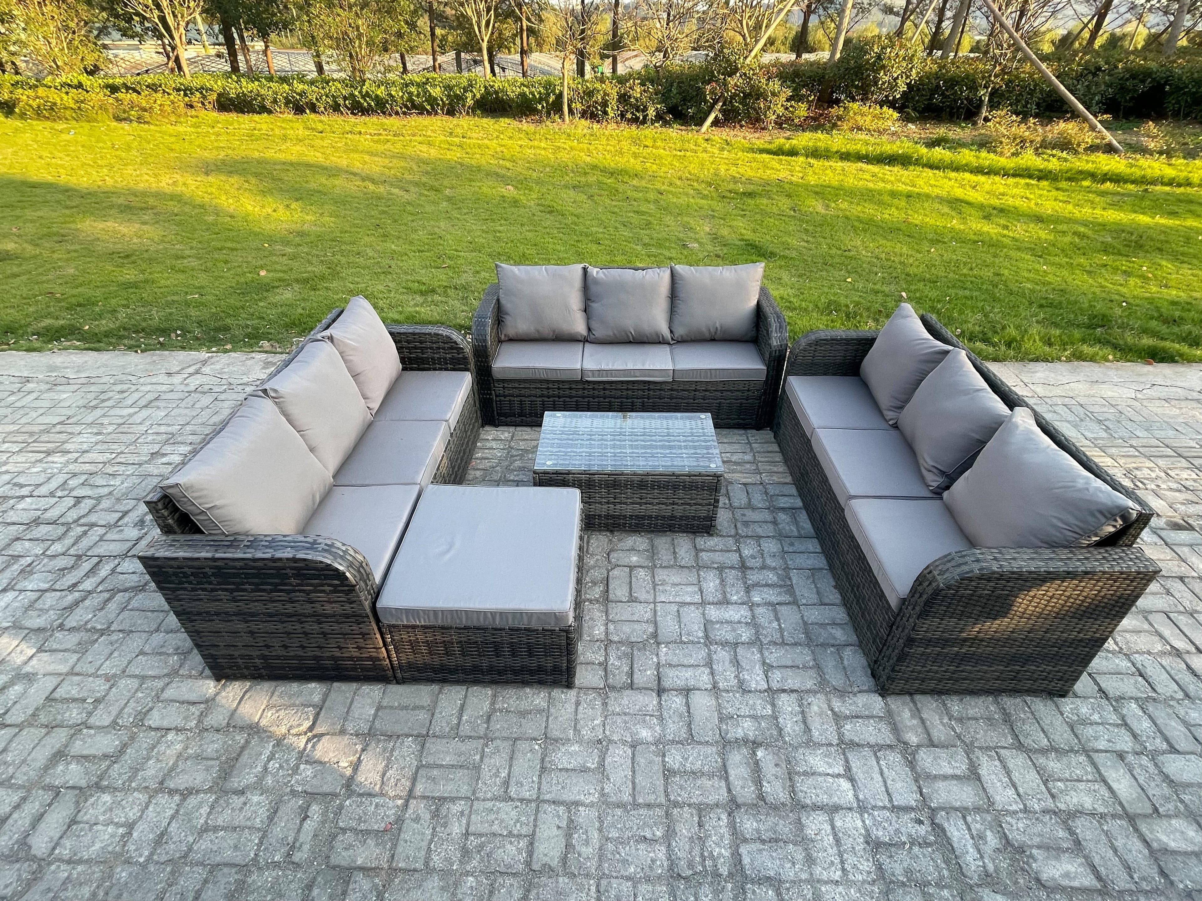 Rattan Lounge Sofa Set 10 Seater Outdoor Garden Furniture Set Rectangular Coffee Table 3 Seater Sofa Big Footstool