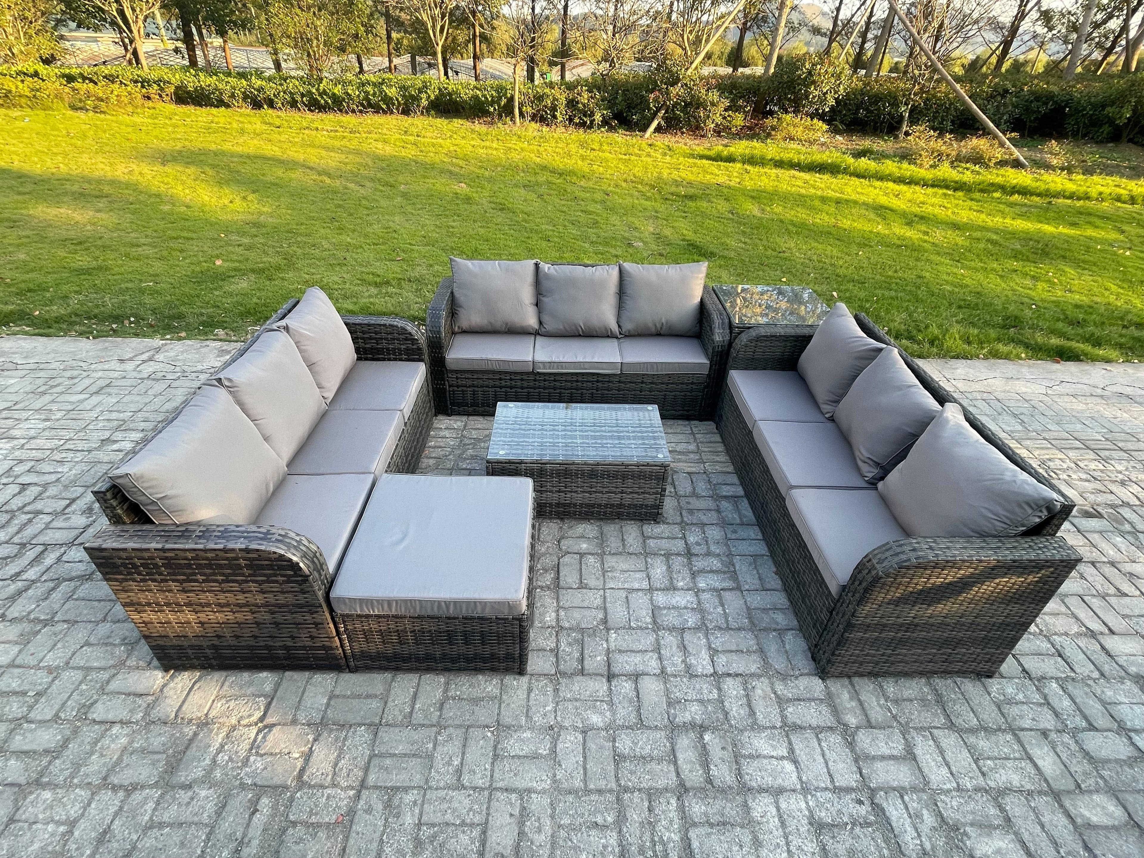 Rattan Lounge Sofa Set Outdoor Garden Furniture Set Rectangular Coffee Table 3 Seater Sofa Big Footstool Side Table