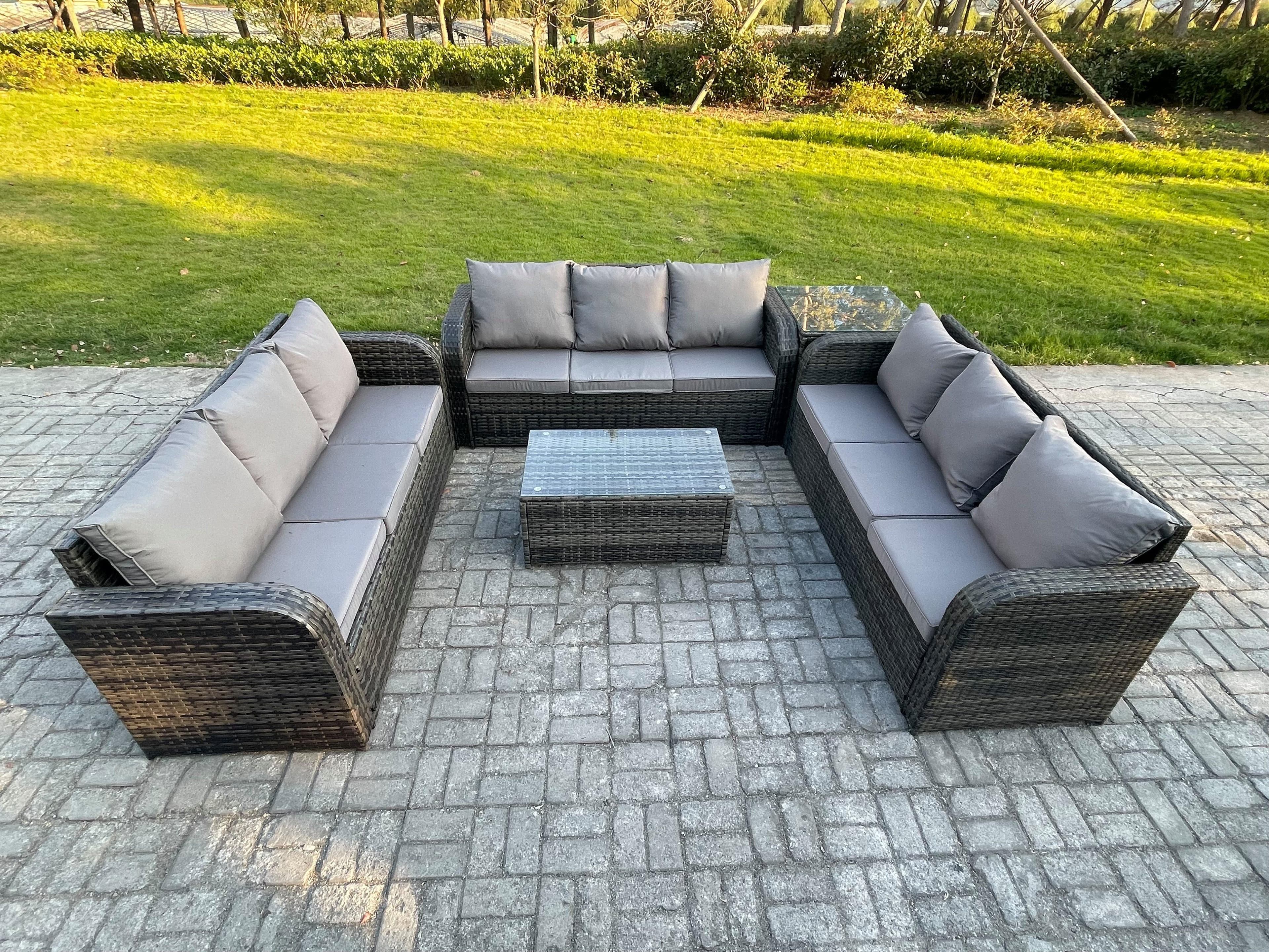 Rattan Lounge Sofa Set 9 Seater Outdoor Garden Furniture Set Rectangular Coffee Table 3 Seater Sofa Side Table
