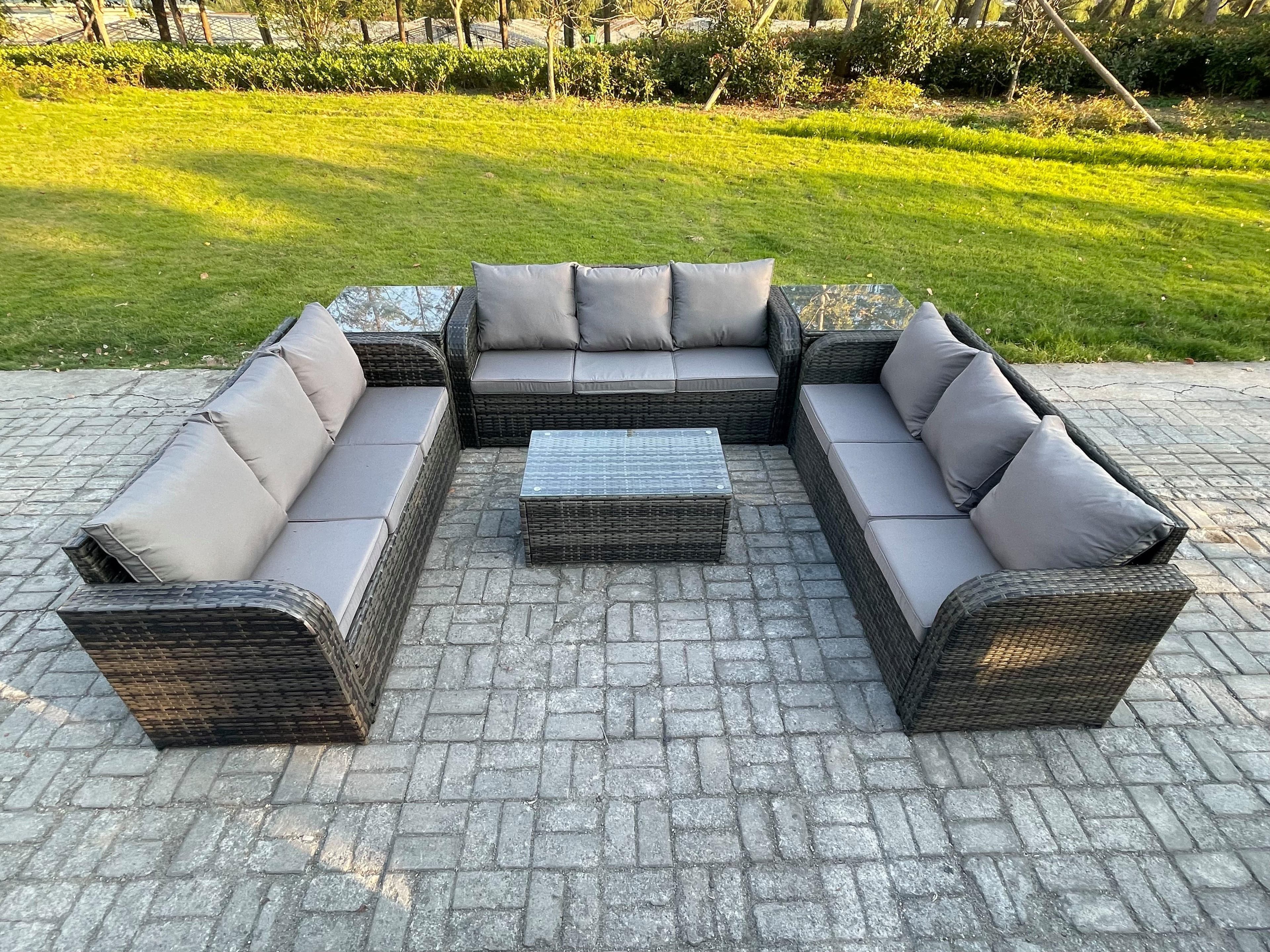 Rattan Lounge Sofa Set 9 Seater Outdoor Garden Furniture Set Rectangular Coffee Table 3 Seater Sofa 2 Side Tables