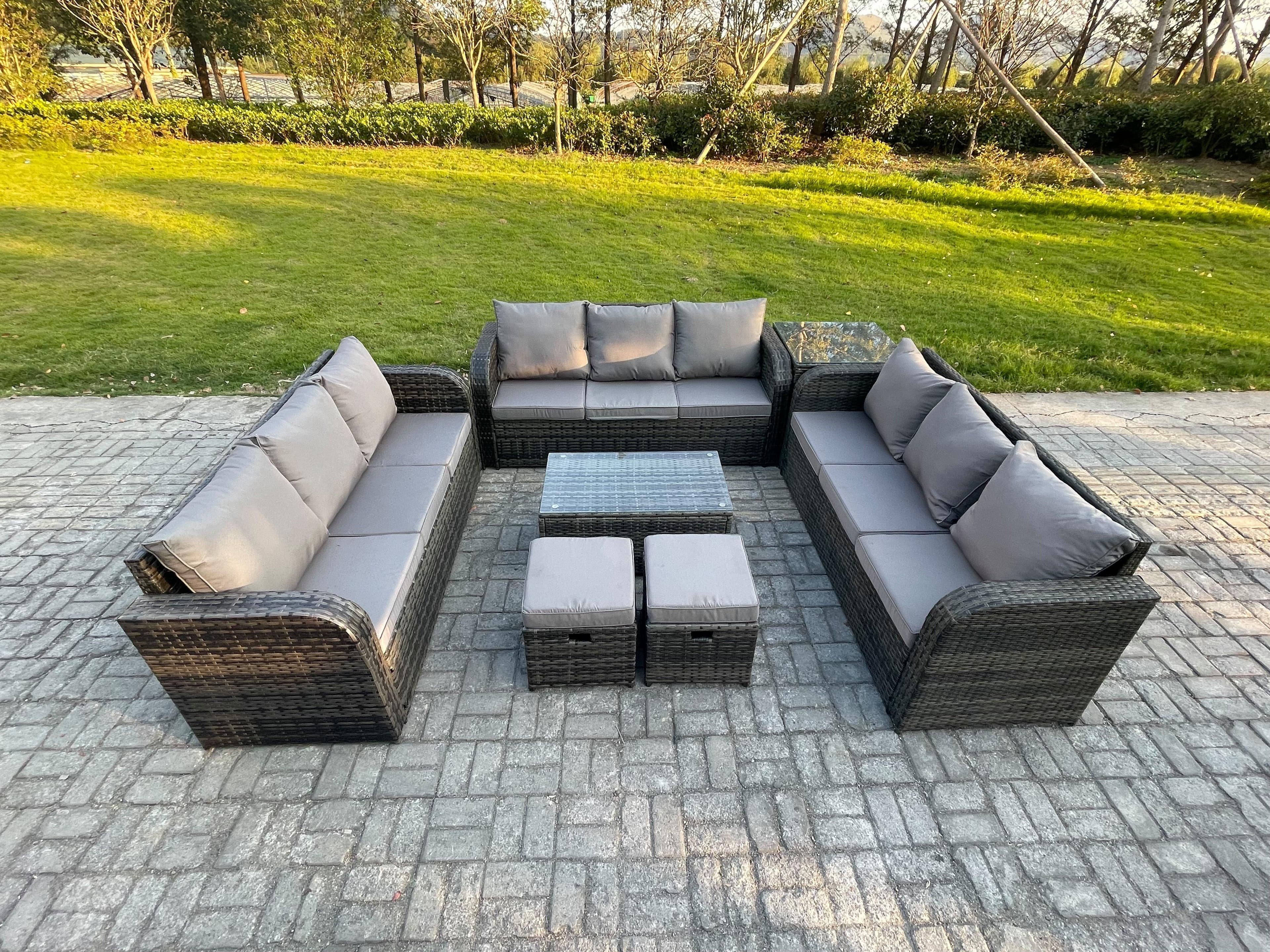 Rattan Lounge Sofa Set 11 Seater Outdoor Garden Furniture Set Rectangular Coffee Table 3 Seater Sofa Side Table 2 Small Footstools