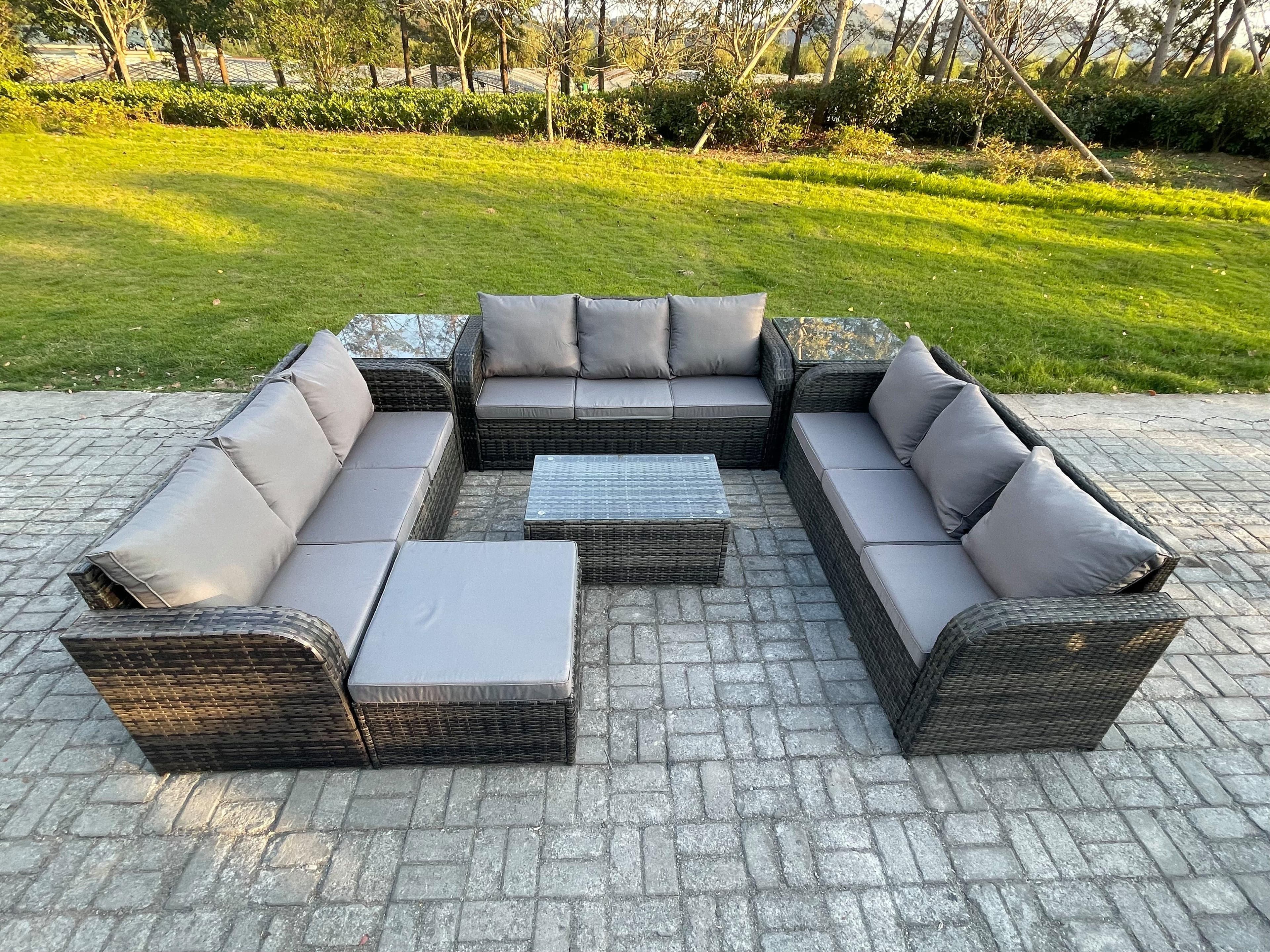 Rattan Lounge Sofa Set 10 Seater Outdoor Garden Furniture Set Rectangular Coffee Table 3 Seater Sofa 2 Side Tables Big Footstool