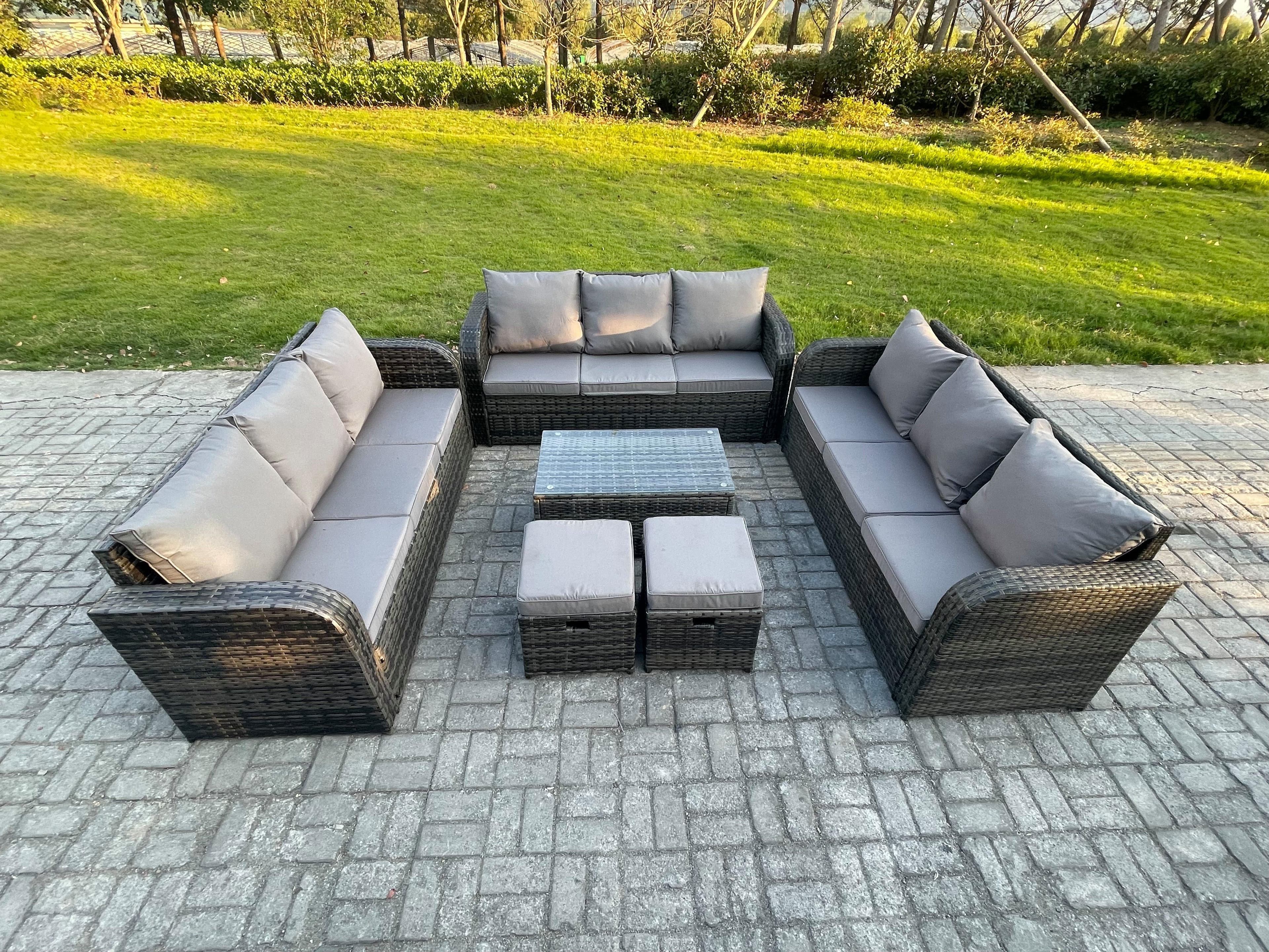 Rattan Lounge Sofa Set 11 Seater Outdoor Garden Furniture Set Rectangular Coffee Table 3 Seater Sofa 2 Small Footstools