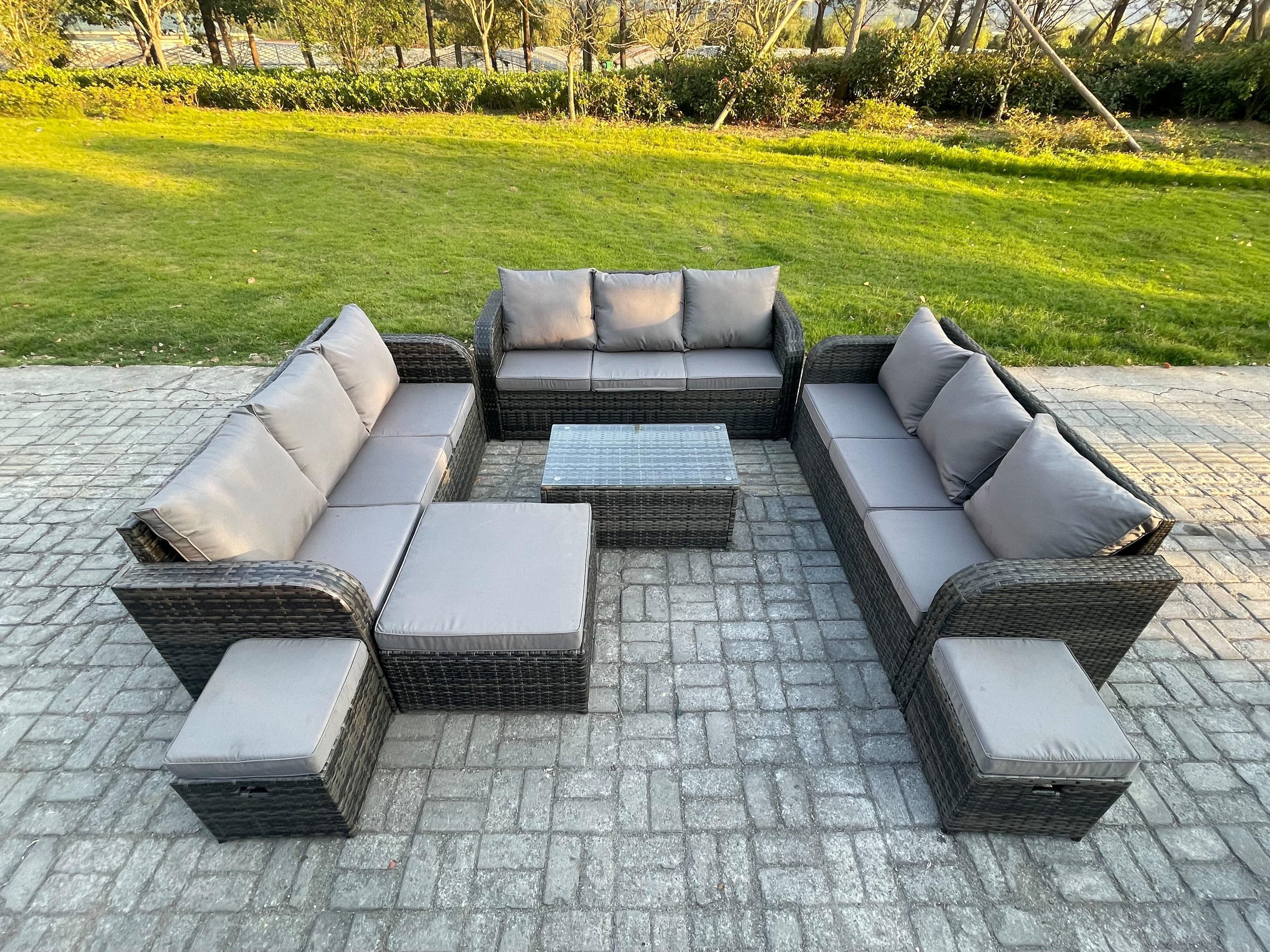 Rattan Lounge Sofa Set 12 Seater Outdoor Garden Furniture Set Rectangular Coffee Table 3 Seater Sofa 3 Footstools Dark Grey Mixed