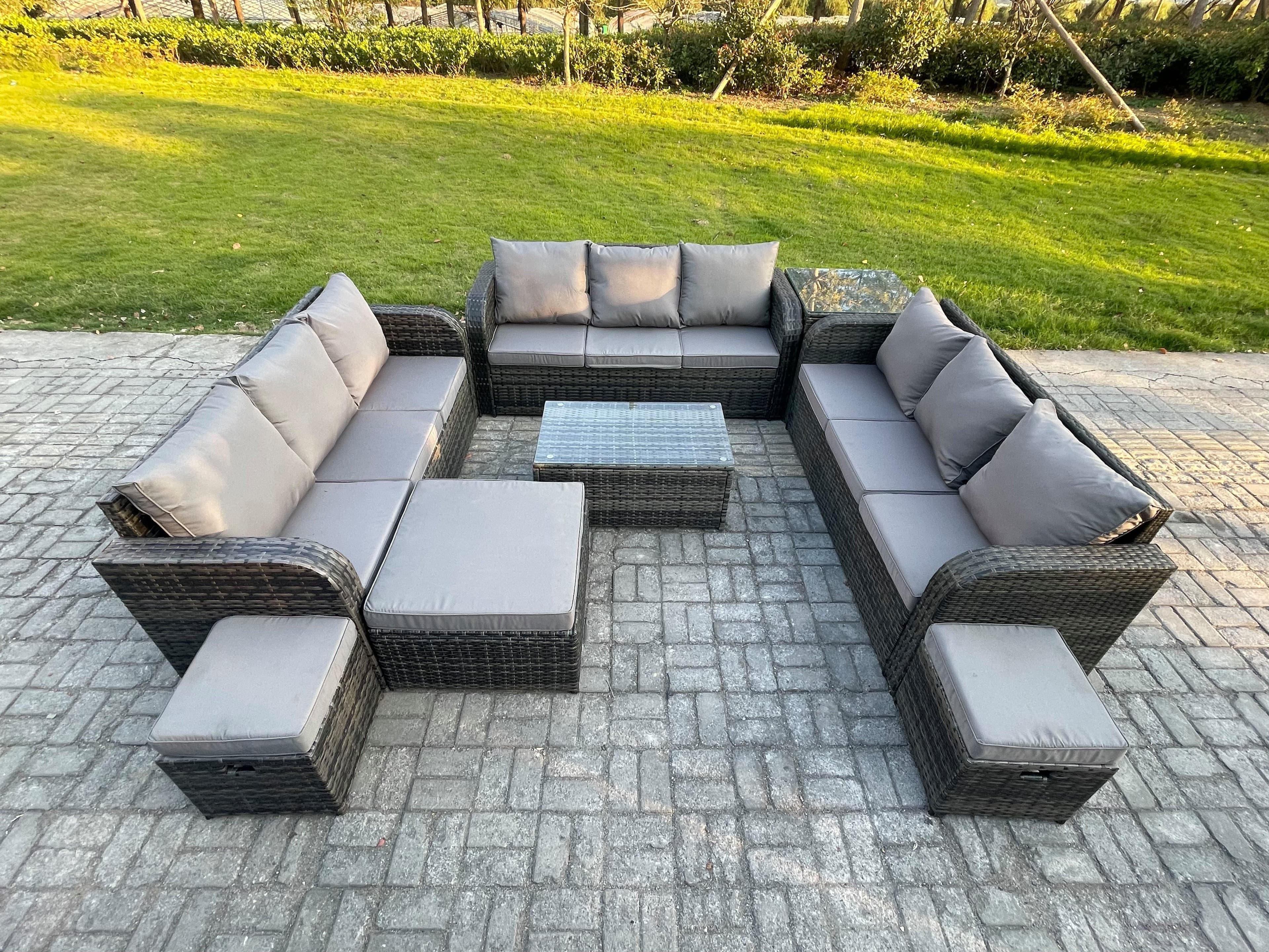 Rattan Lounge Sofa Set 12 Seater Outdoor Garden Furniture Set Rectangular Coffee Table 3 Seater Sofa Side Table 3 Footstools