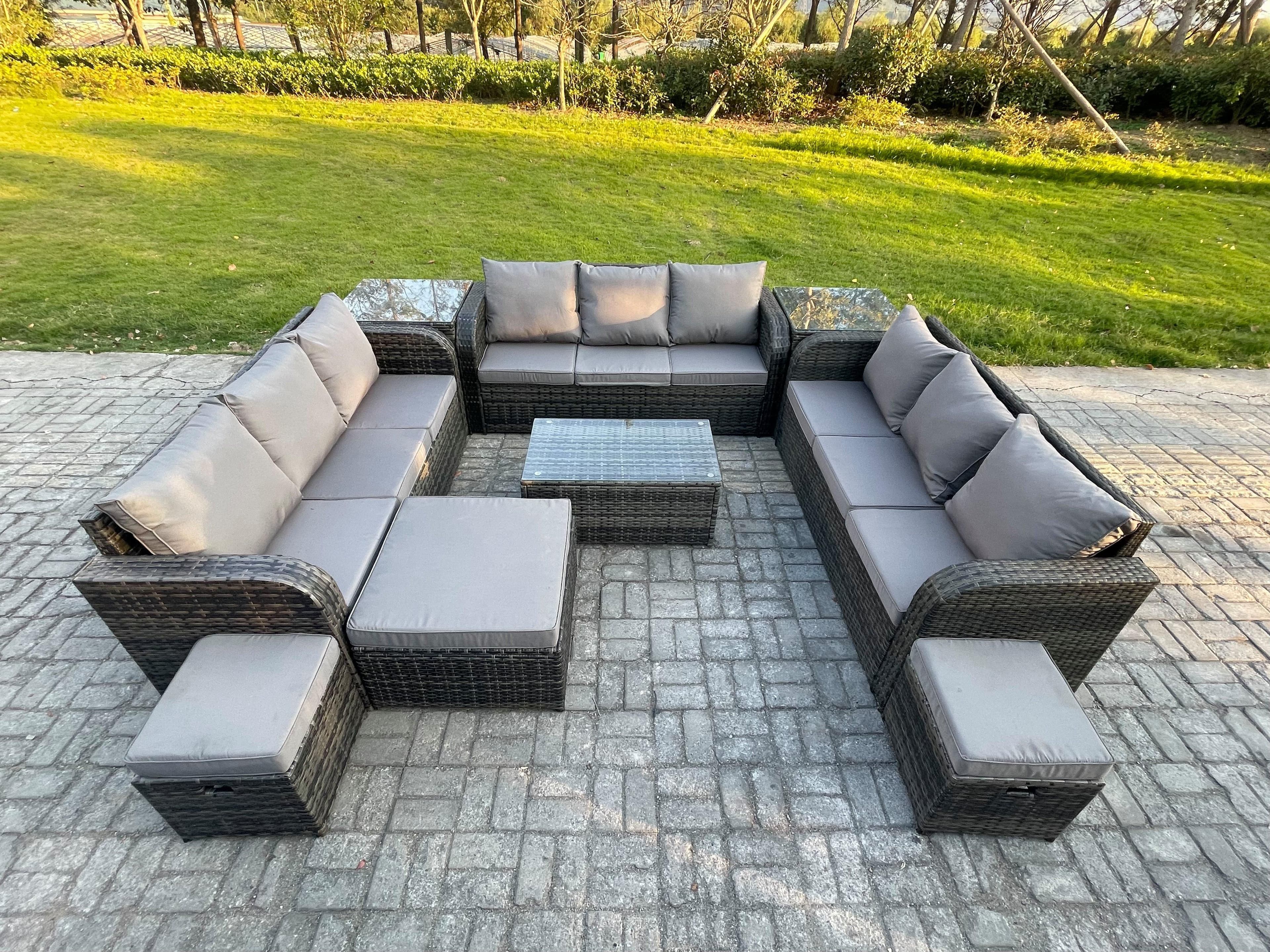 Rattan Lounge Sofa Set 12 Seater Outdoor Garden Furniture Set Rectangular Coffee Table 3 Seater Sofa 2 Side Tables 3 Footstools