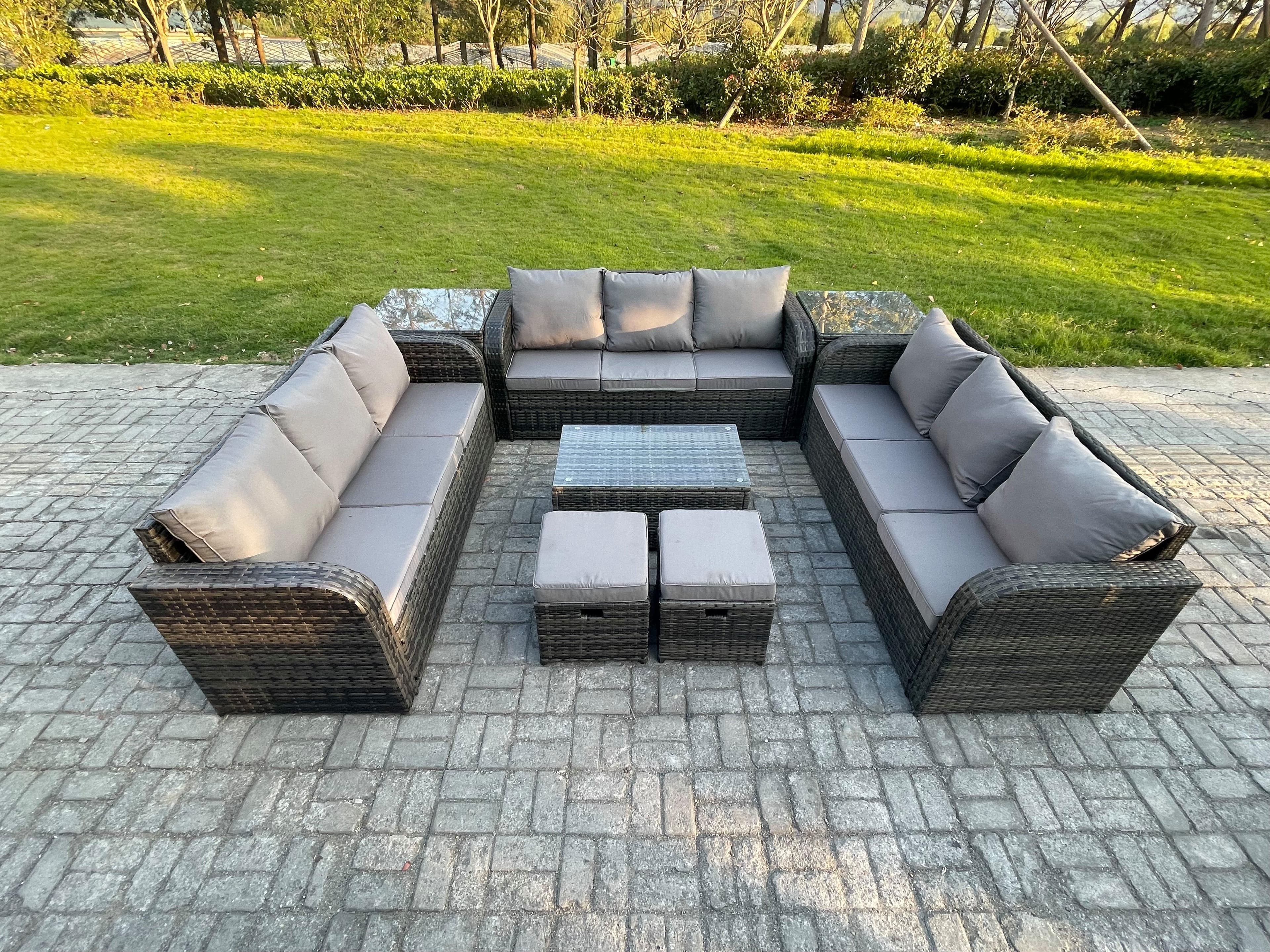 Rattan Lounge Sofa Set 11 Seater Outdoor Garden Furniture Set Rectangular Coffee Table 3 Seater Sofa 2 Side Tables 2 Small Footstools