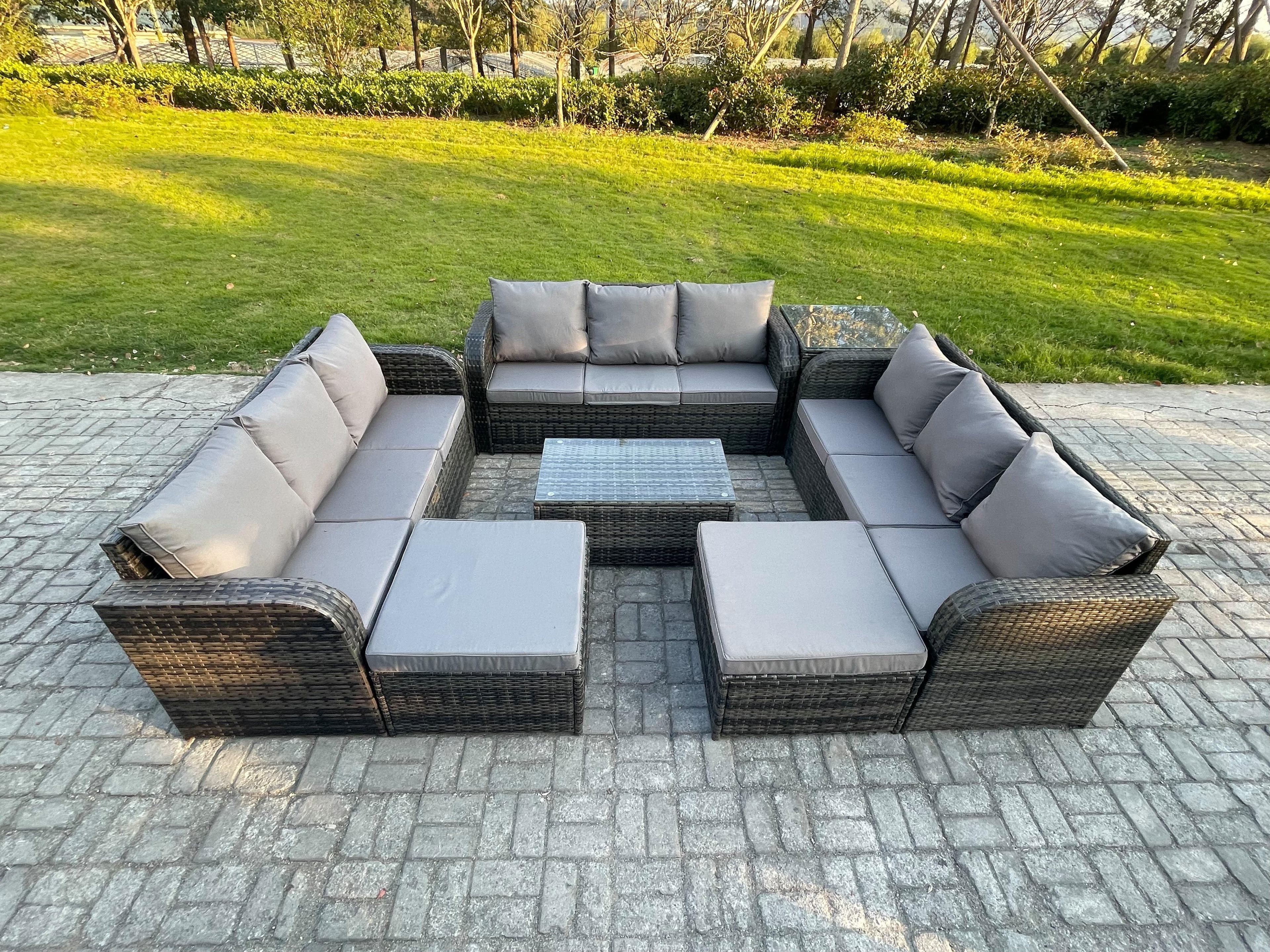 Outdoor Garden Furniture Sets 11 Seater Wicker Rattan Furniture Sofa Sets Rectangular Coffee Table 3 Seater Sofa Side Table 2 Big Footstool
