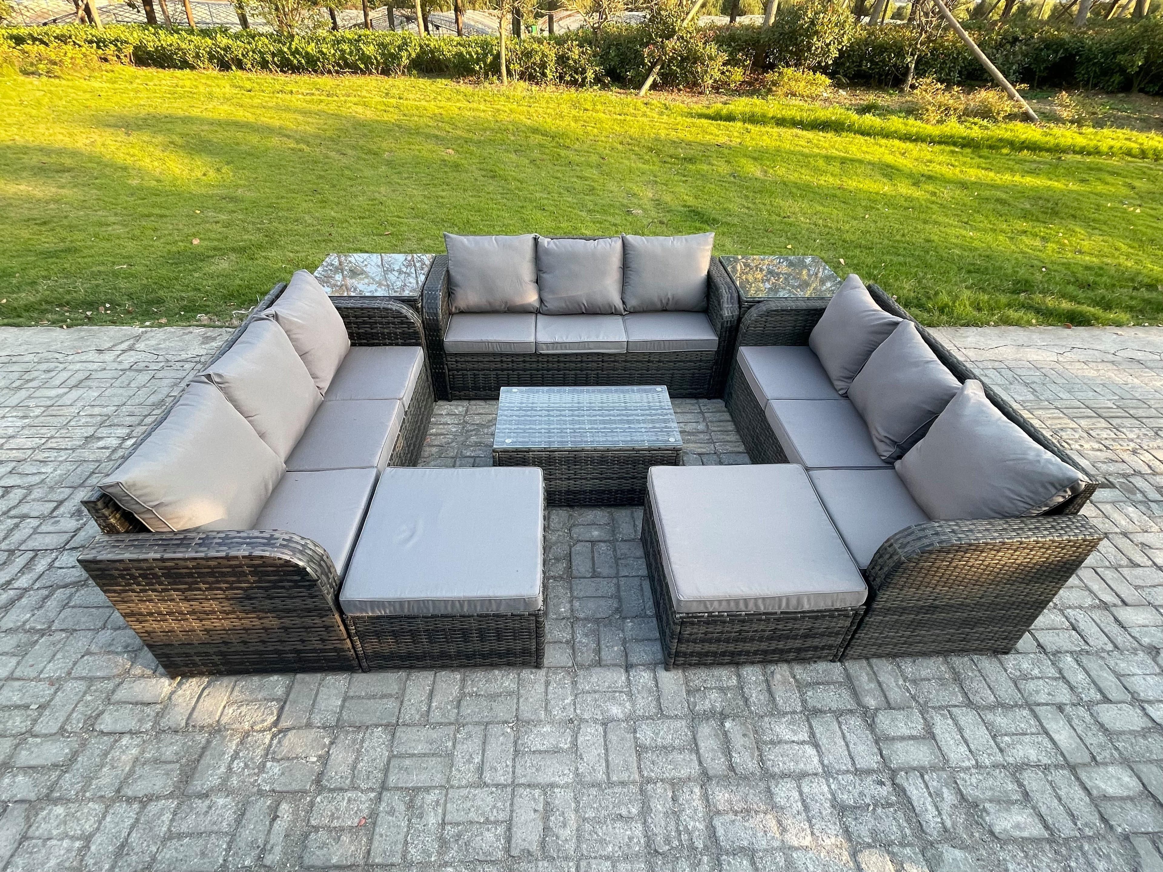 Outdoor Garden Furniture Sets 11 Seater Wicker Rattan Furniture Sofa Sets Rectangular Coffee Table 3 Seater Sofa 2 Side Tables Footstool