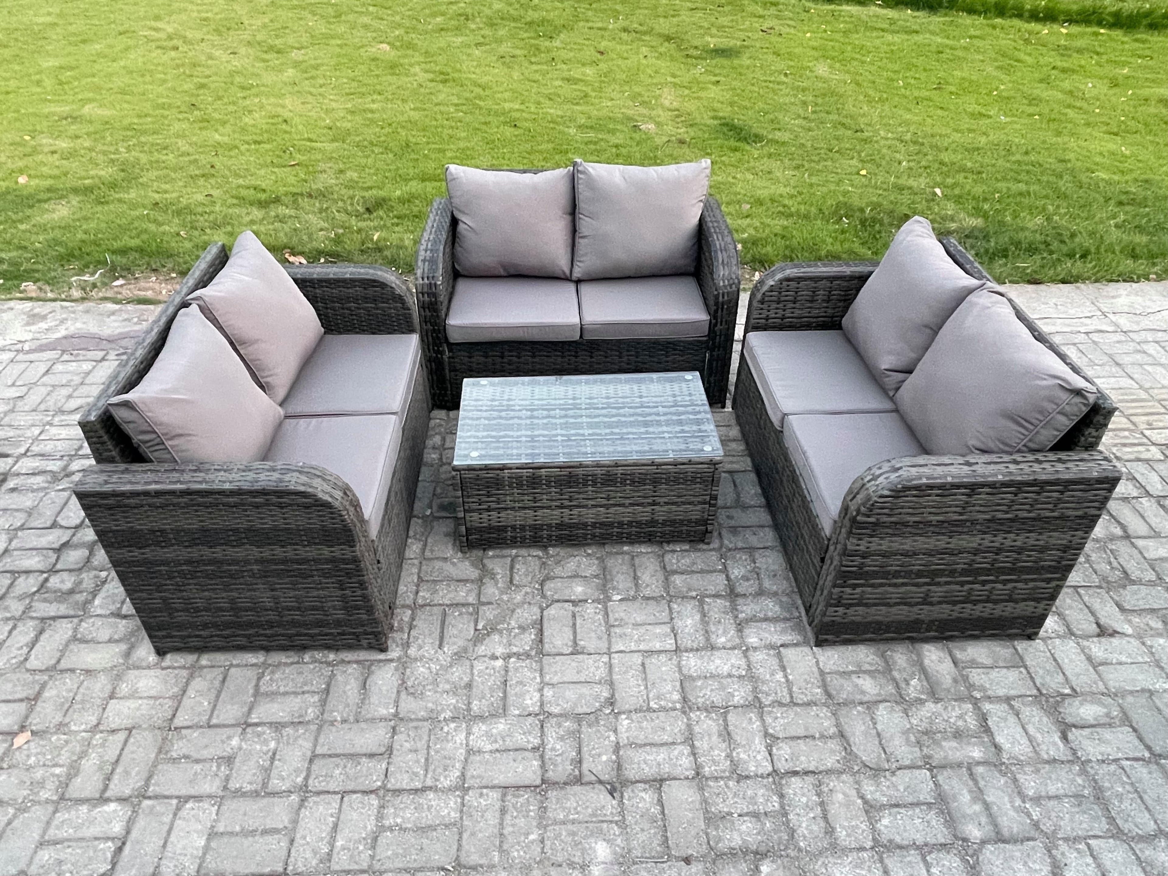 Outdoor Garden Furniture Sets 6 Seater Wicker Rattan Furniture Sofa Sets Rectangular Coffee Table Love Sofa Dark Grey Mixed